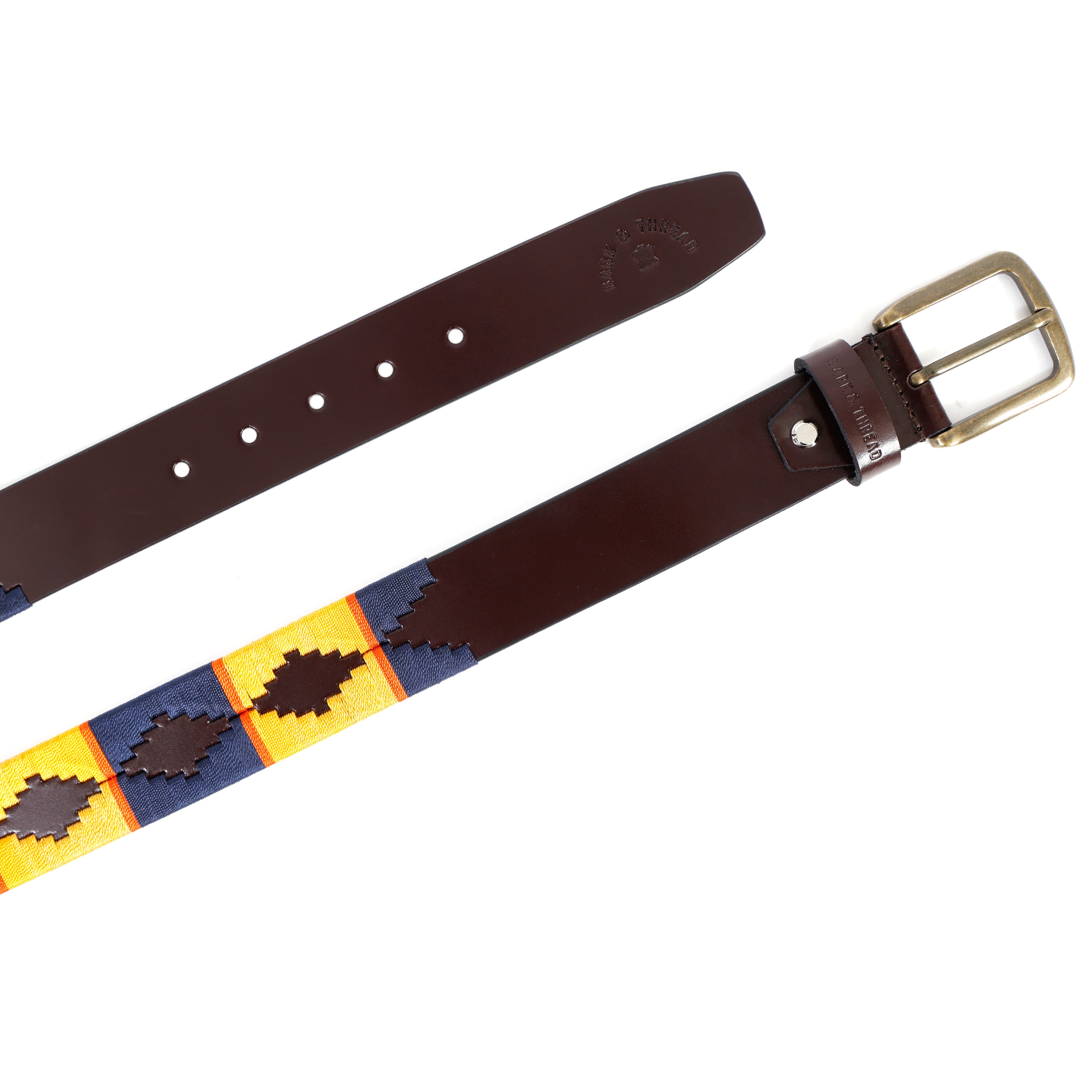 Premium Polo Leather Belt with Multicolour Stitching – Brown Strap & Gold Buckle