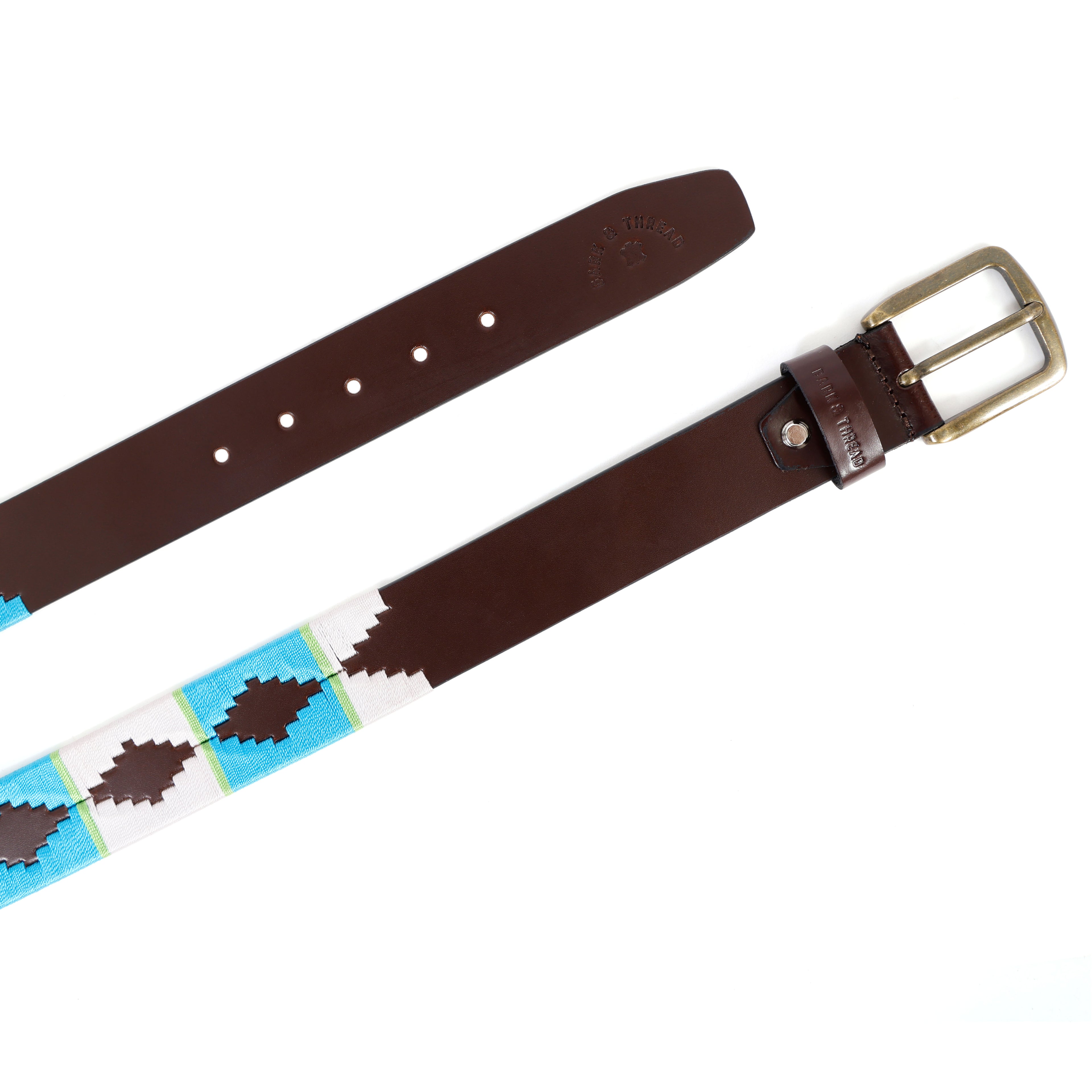 Premium Polo Leather Belt with White & Light Blue Stitching – Brown Strap & Gold Buckle