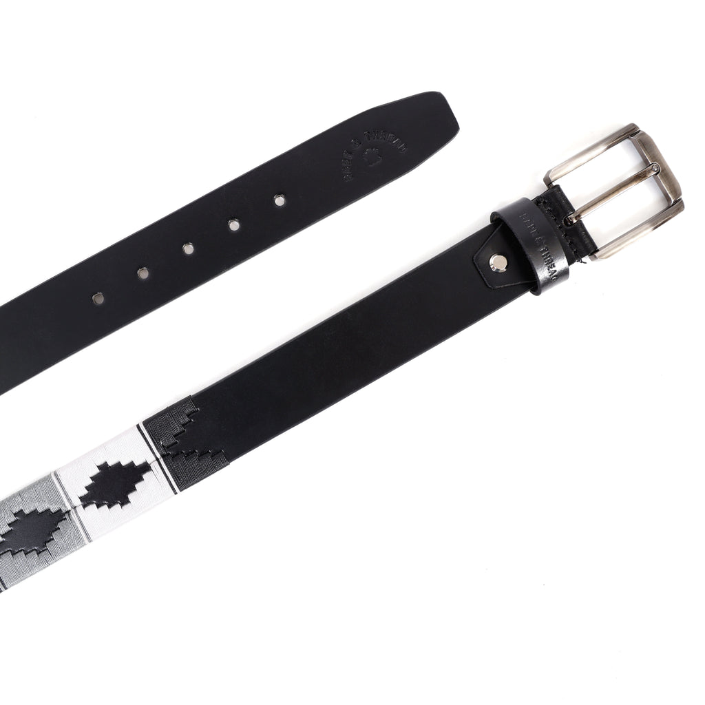 Premium Polo Leather Belt with Grey, Black & White Stitching – Black Strap & Silver Buckle
