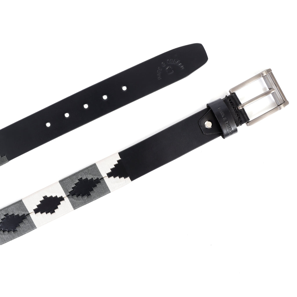 Premium Polo Leather Belt with Grey & White Stitching – Black Strap & Silver Buckle