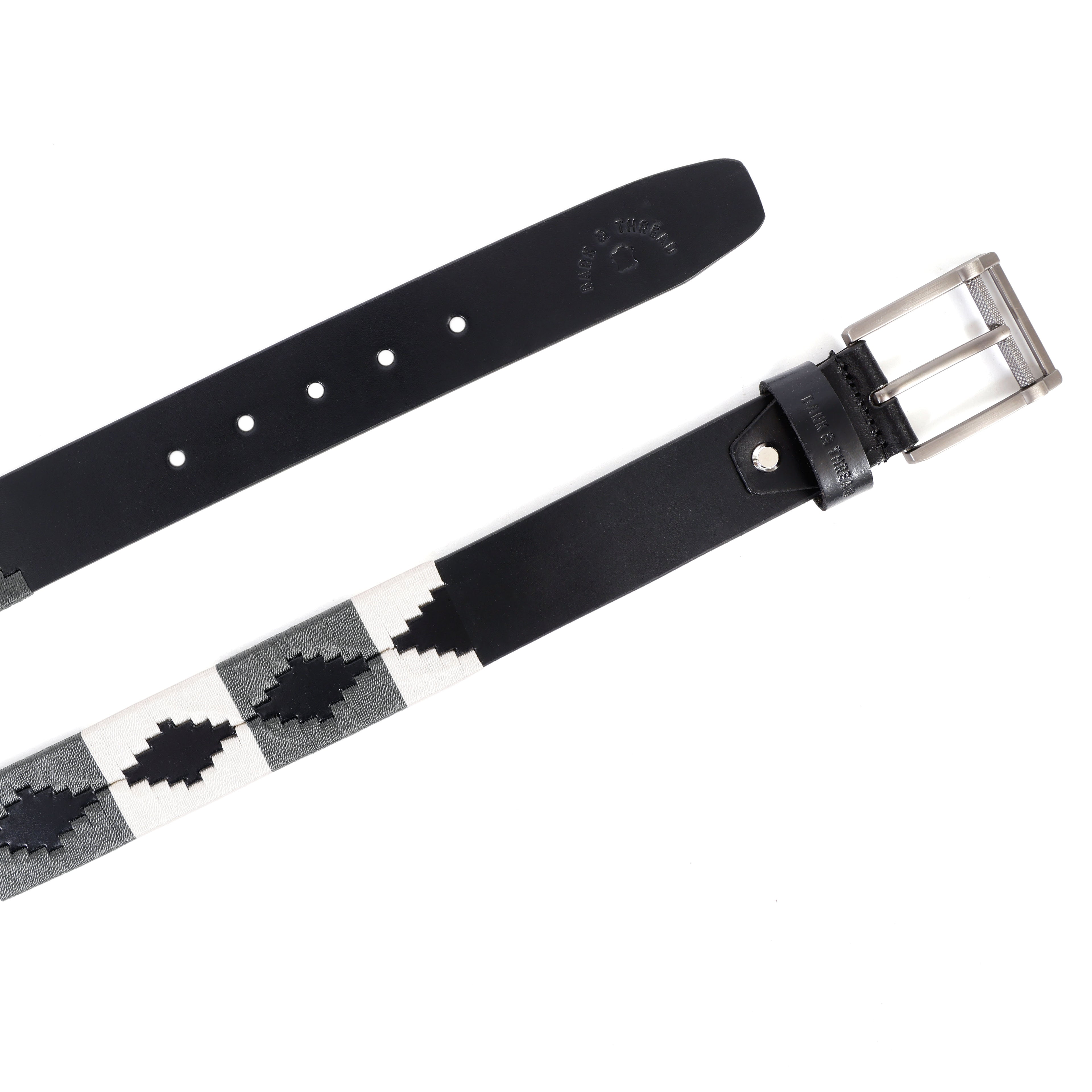 Premium Polo Leather Belt with Grey & White Stitching – Black Strap & Silver Buckle