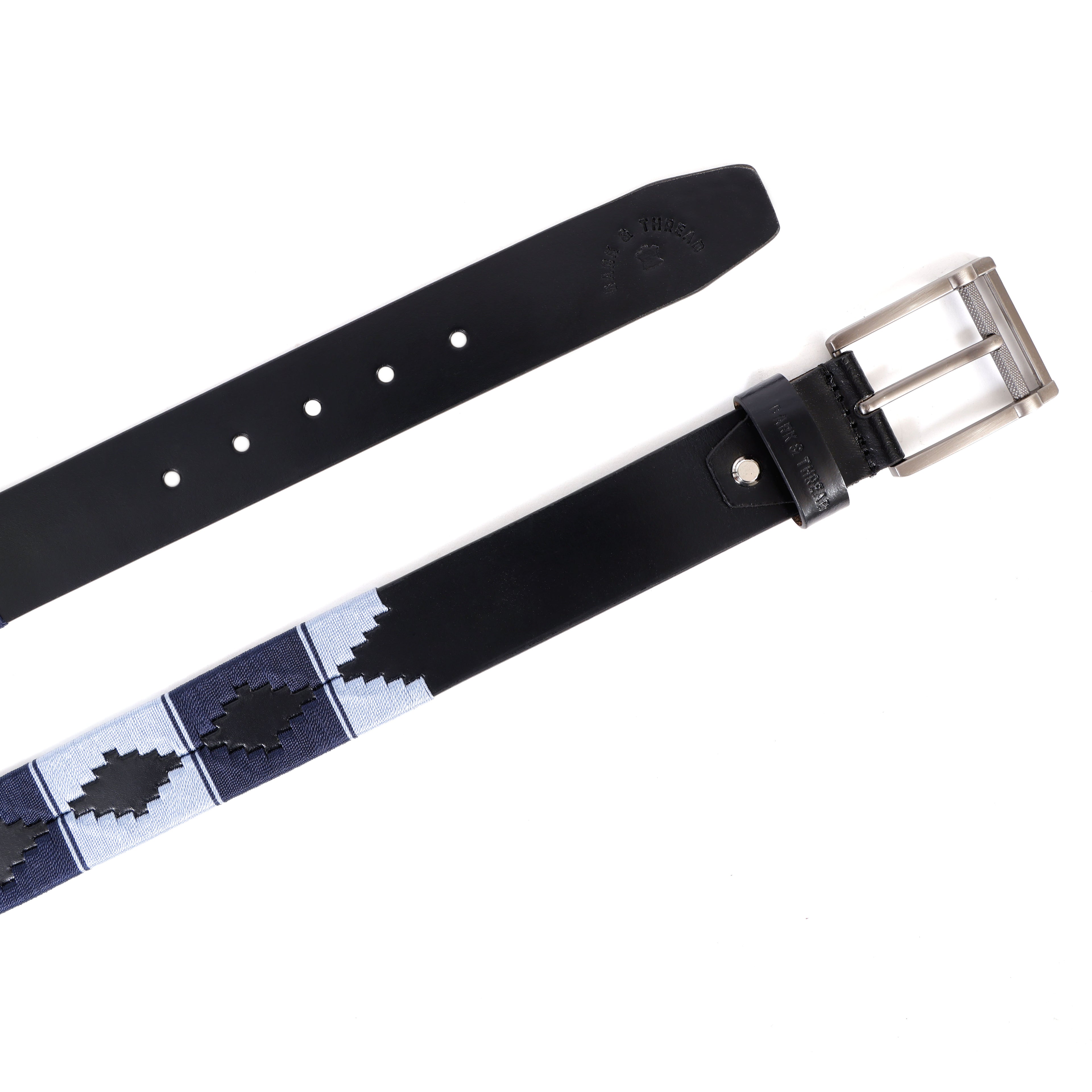 Premium Polo Leather Belt with Dark & Light Blue Stitching – Black Strap & Silver Buckle