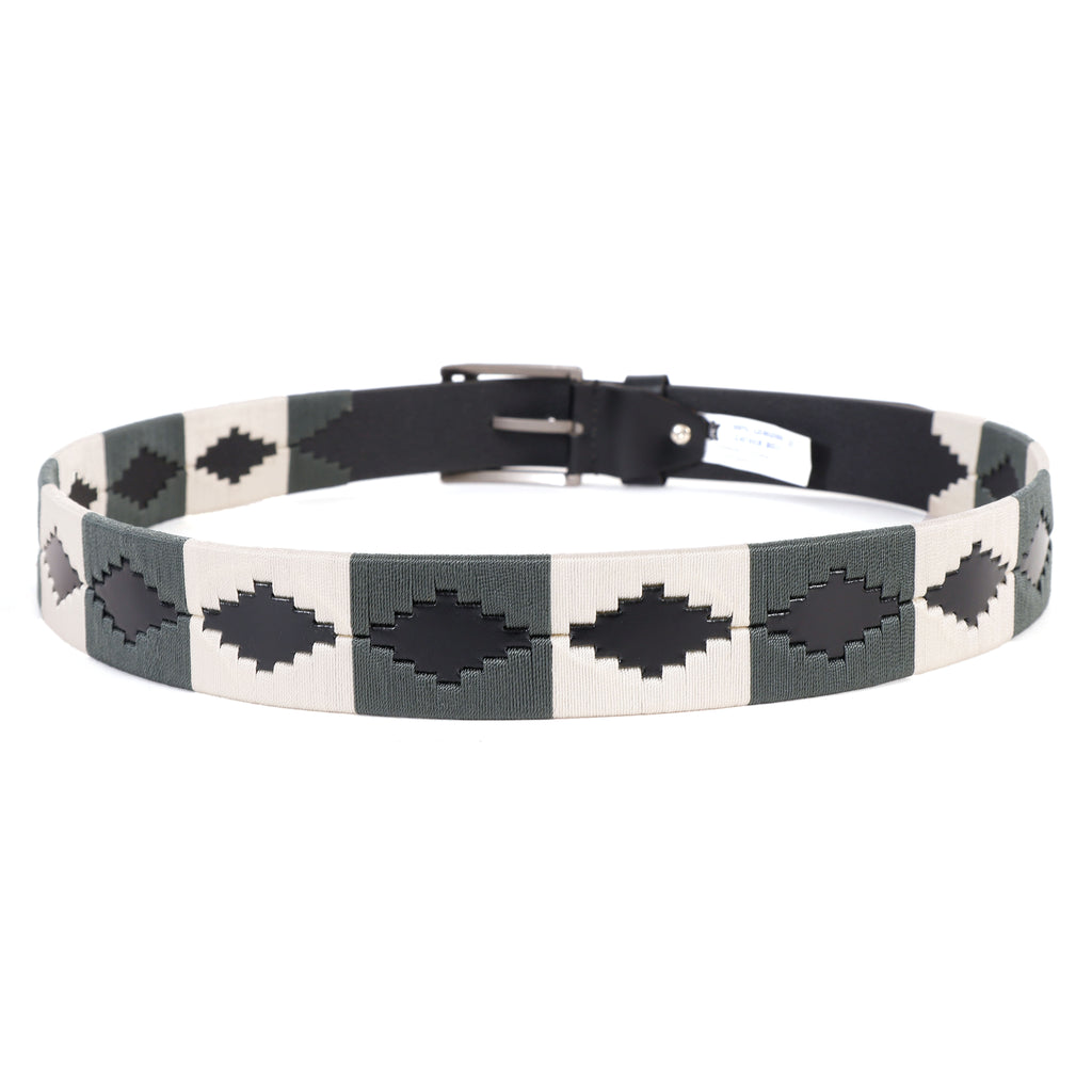 Premium Polo Leather Belt with Grey & White Stitching – Black Strap & Silver Buckle