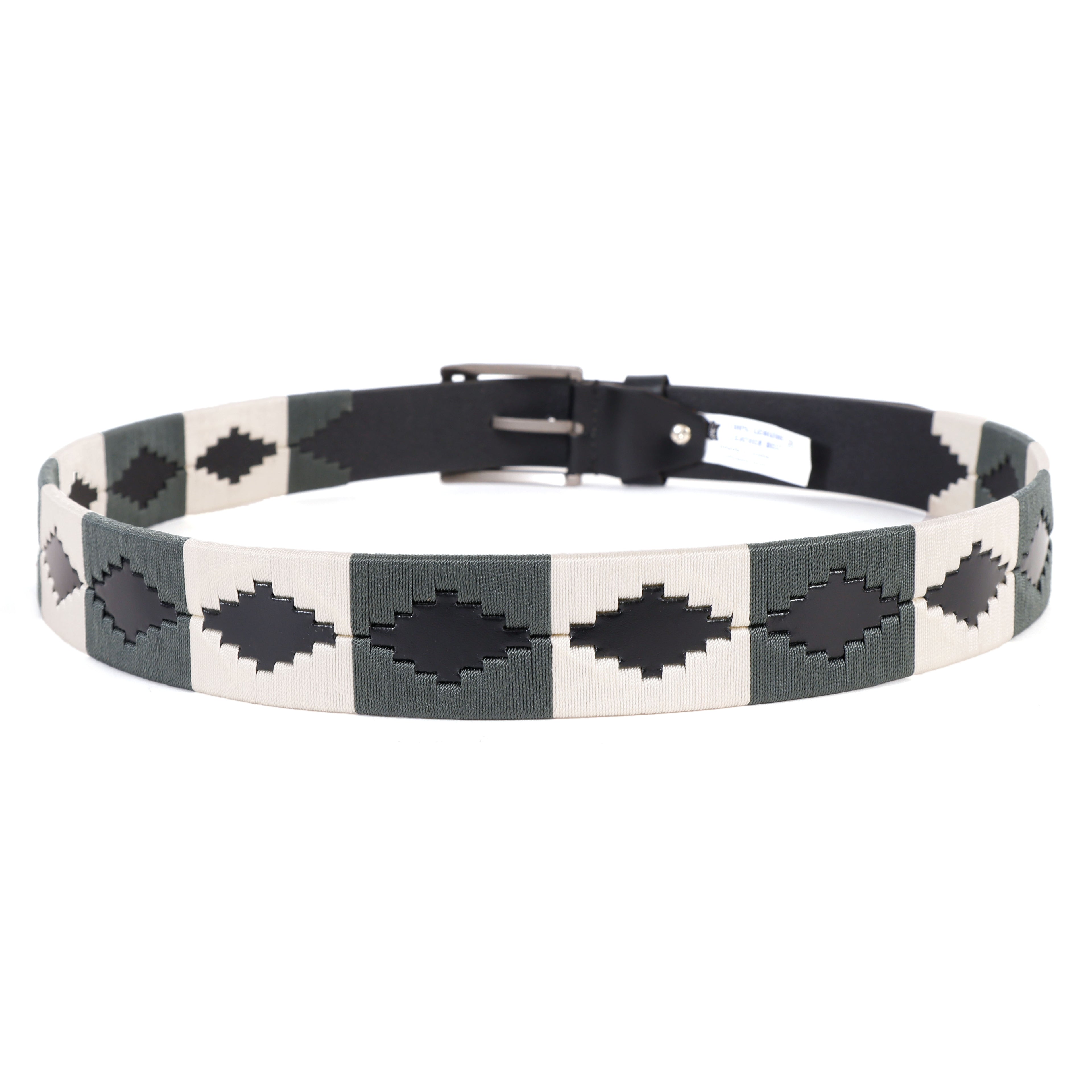 Premium Polo Leather Belt with Grey & White Stitching – Black Strap & Silver Buckle