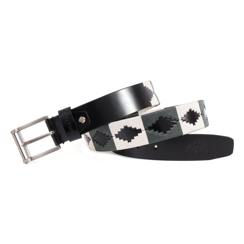 Premium Polo Leather Belt with Grey & White Stitching – Black Strap & Silver Buckle