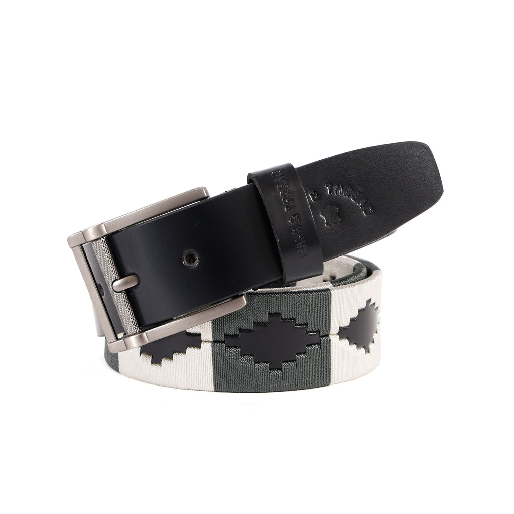 Premium Polo Leather Belt with Grey & White Stitching – Black Strap & Silver Buckle