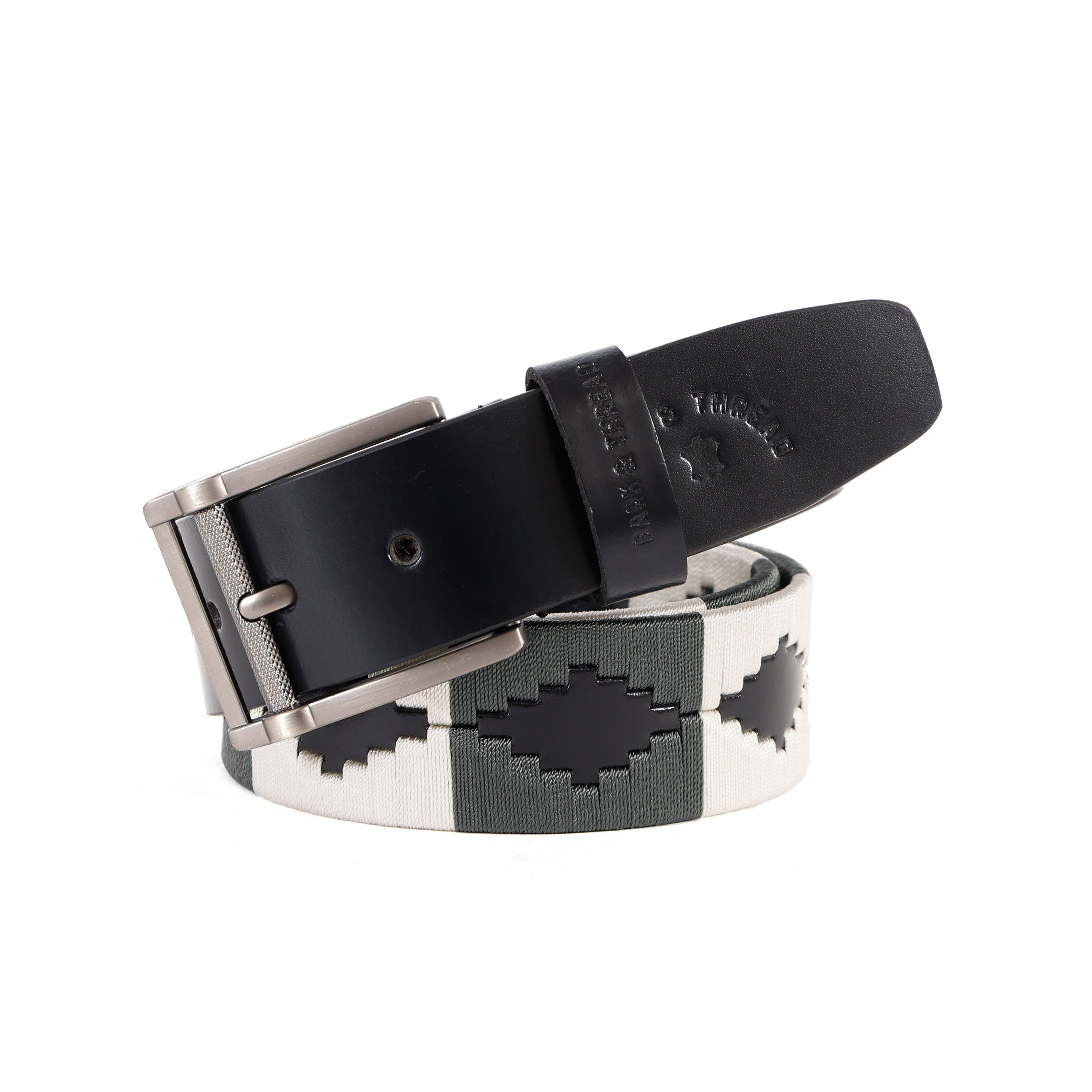 Premium Polo Leather Belt with Grey & White Stitching – Black Strap & Silver Buckle