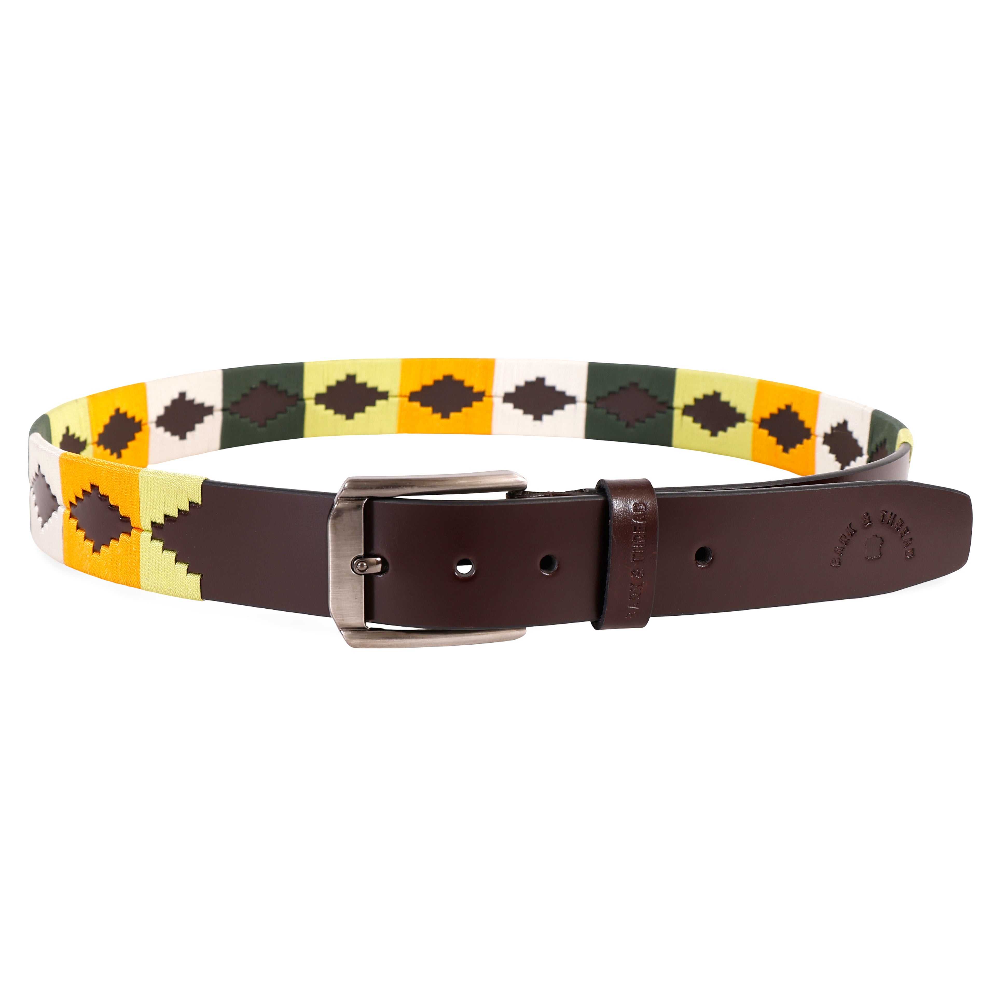 Premium Polo Leather Belt with Multicolor Stitching – Brown Strap & Silver Buckle