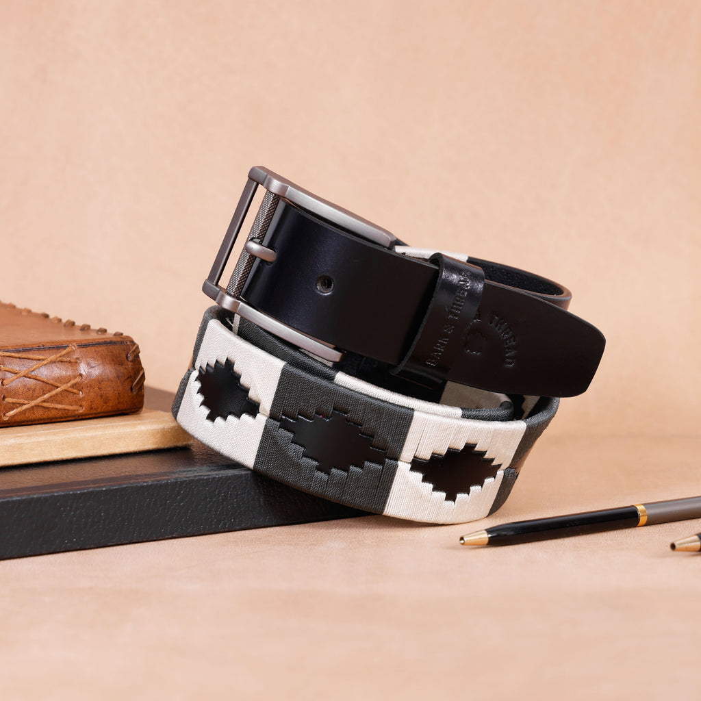 Premium Polo Leather Belt with Grey & White Stitching – Black Strap & Silver Buckle