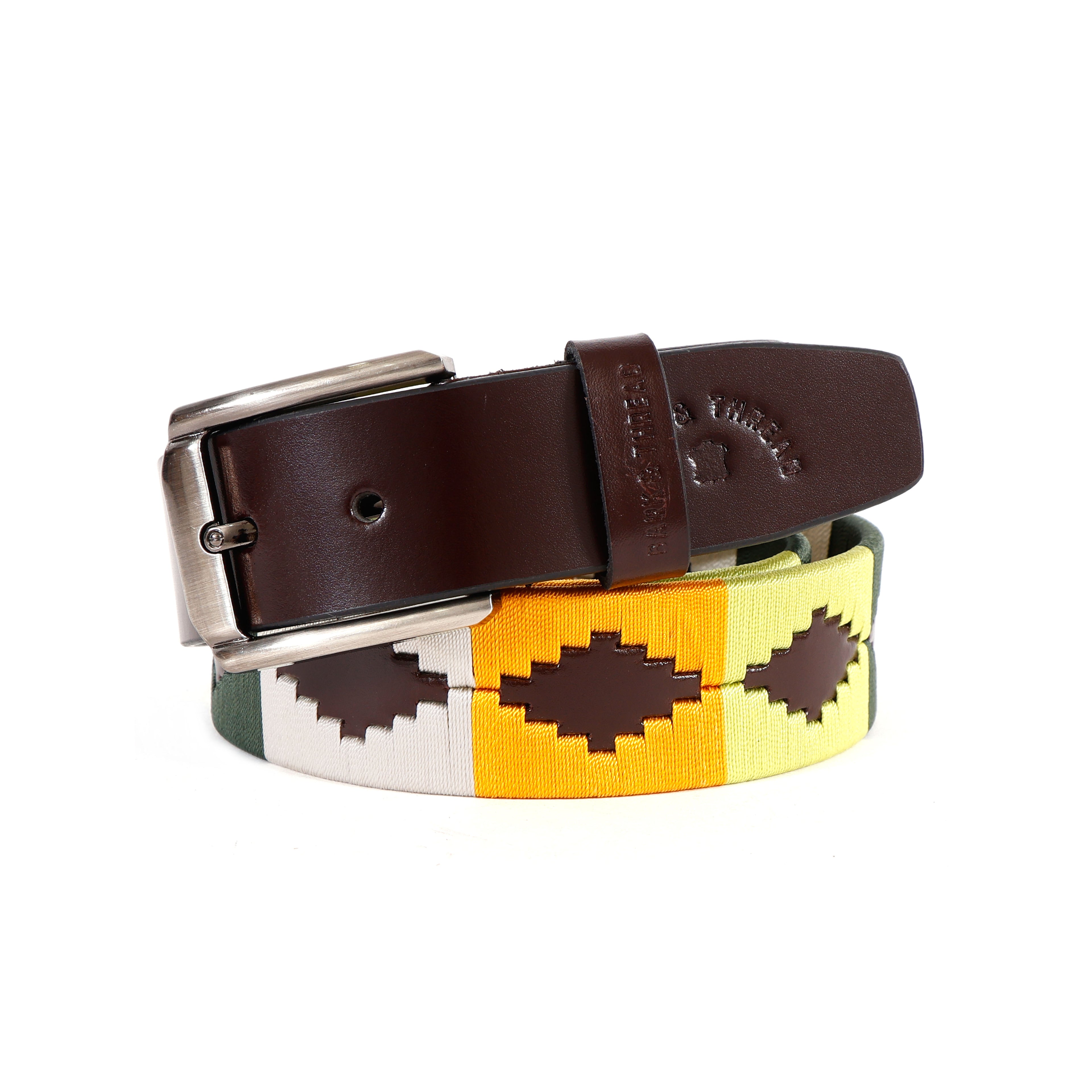 Premium Polo Leather Belt with Multicolor Stitching – Brown Strap & Silver Buckle