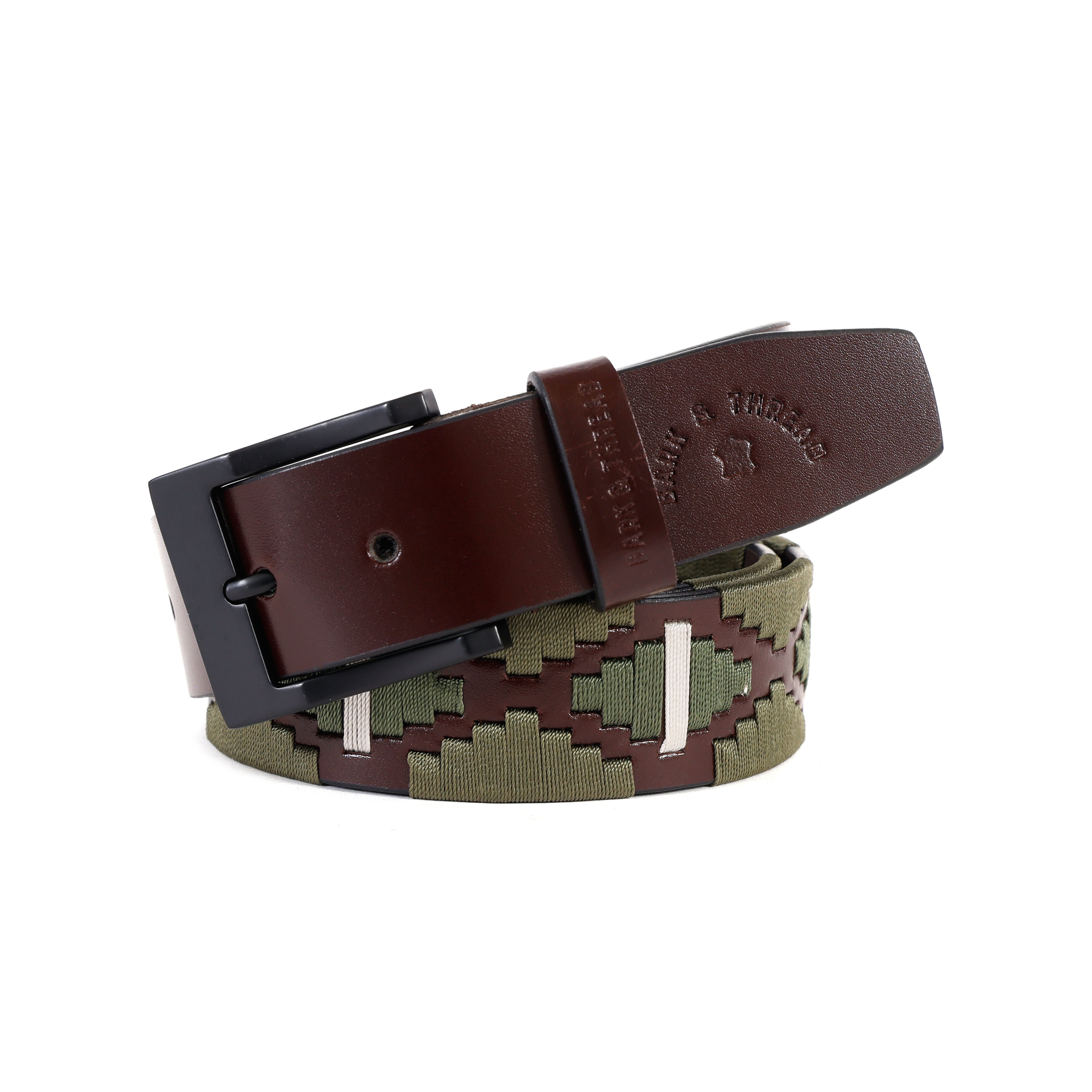 Premium Polo Leather Belt with Olive & White Stitching – Brown Strap & Black Buckle