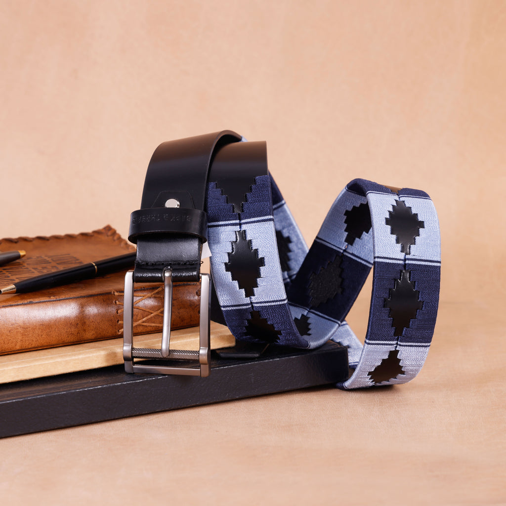 Premium Polo Leather Belt with Dark & Light Blue Stitching – Black Strap & Silver Buckle