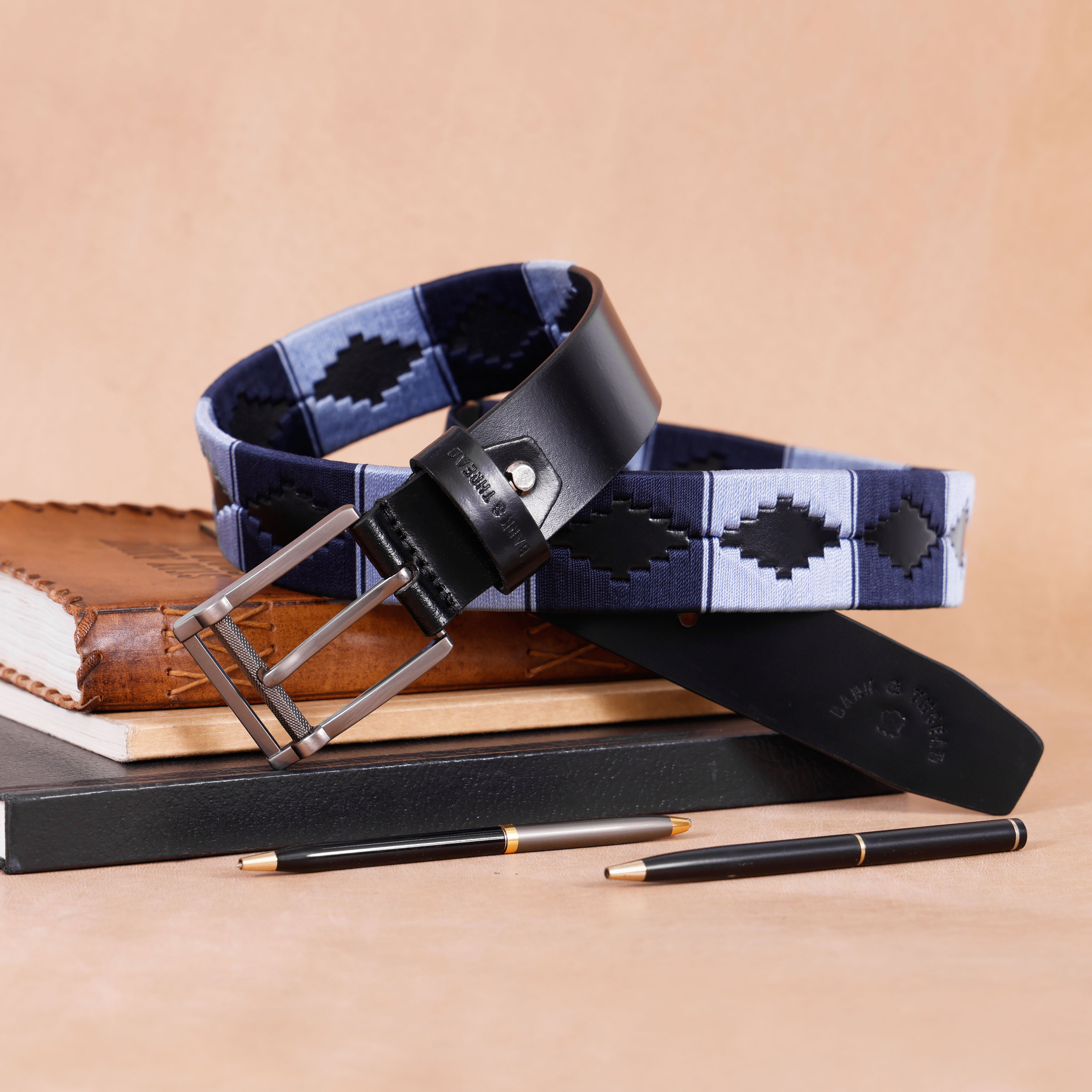 Premium Polo Leather Belt with Dark & Light Blue Stitching – Black Strap & Silver Buckle