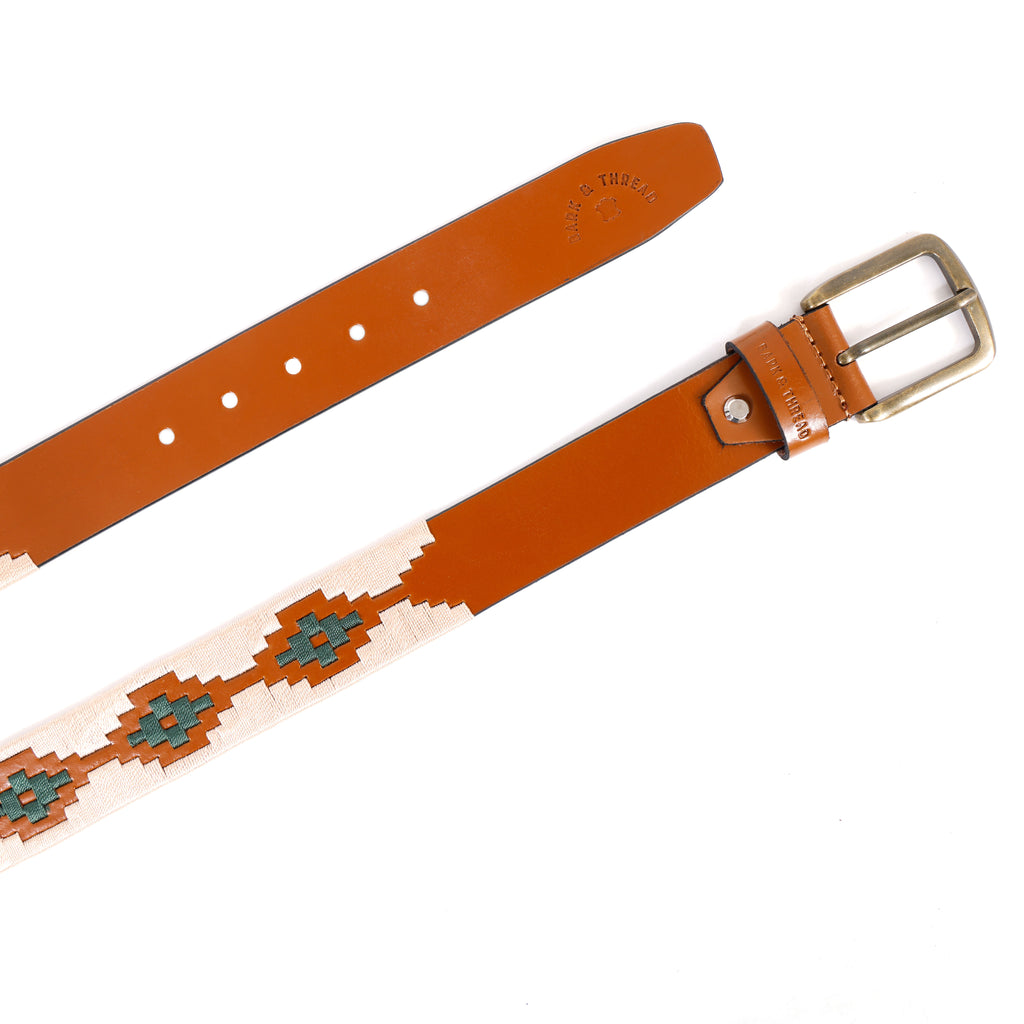 Premium Polo Leather Belt with Cream & Green Stitching – Tan Strap & Golden Buckle