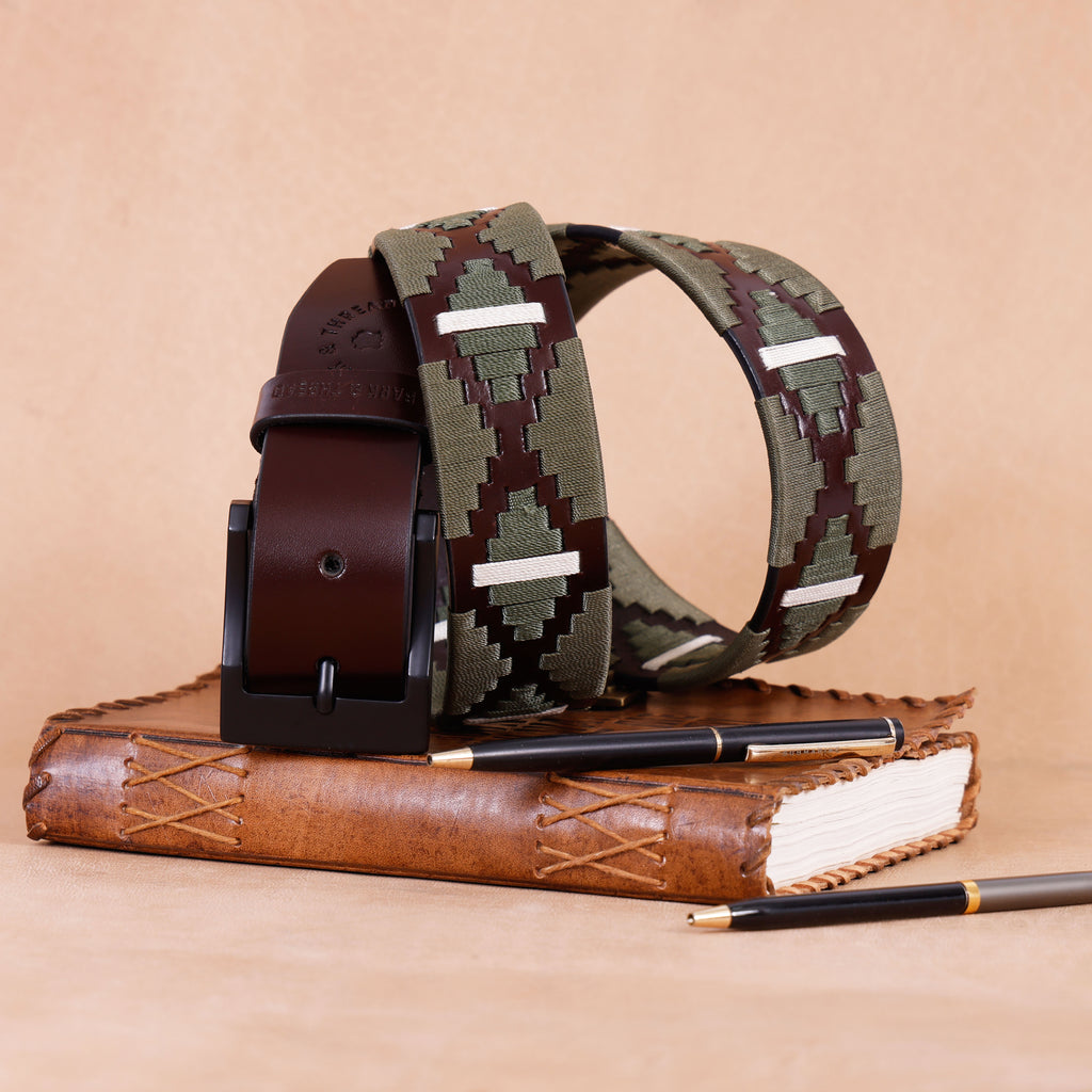 Premium Polo Leather Belt with Olive & White Stitching – Brown Strap & Black Buckle