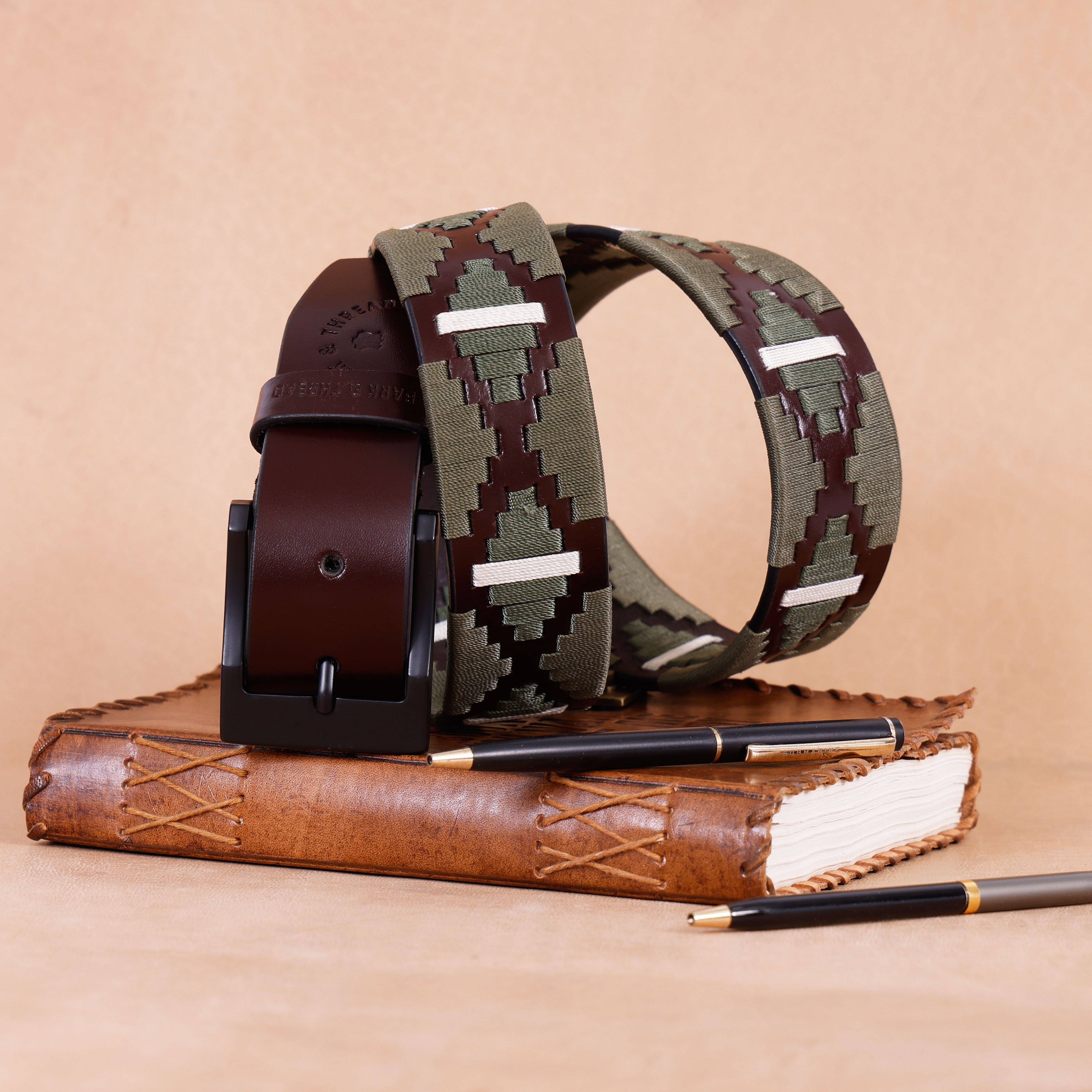 Premium Polo Leather Belt with Olive & White Stitching – Brown Strap & Black Buckle