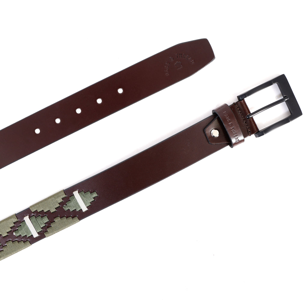 Premium Polo Leather Belt with Olive & White Stitching – Brown Strap & Black Buckle