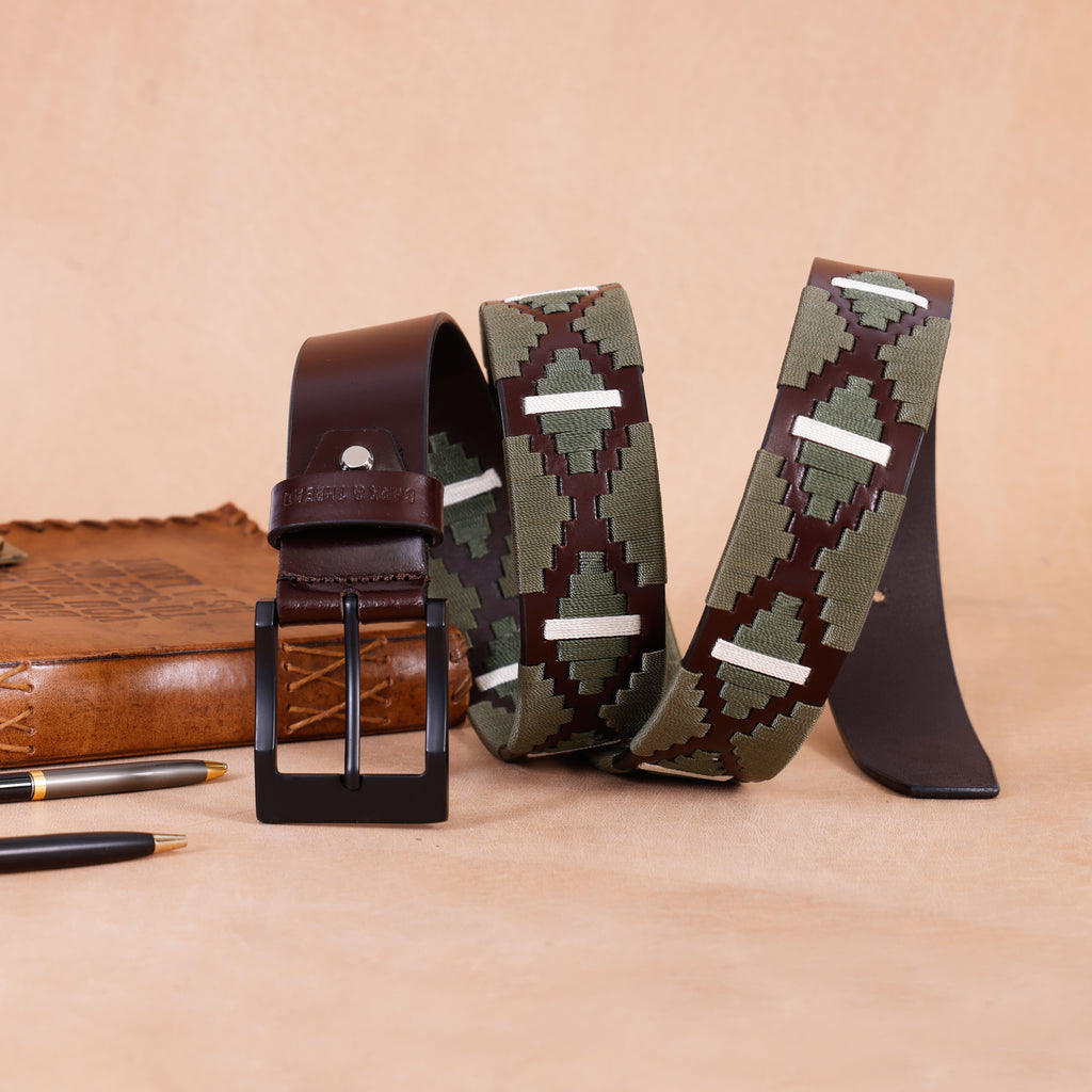Premium Polo Leather Belt with Olive & White Stitching – Brown Strap & Black Buckle