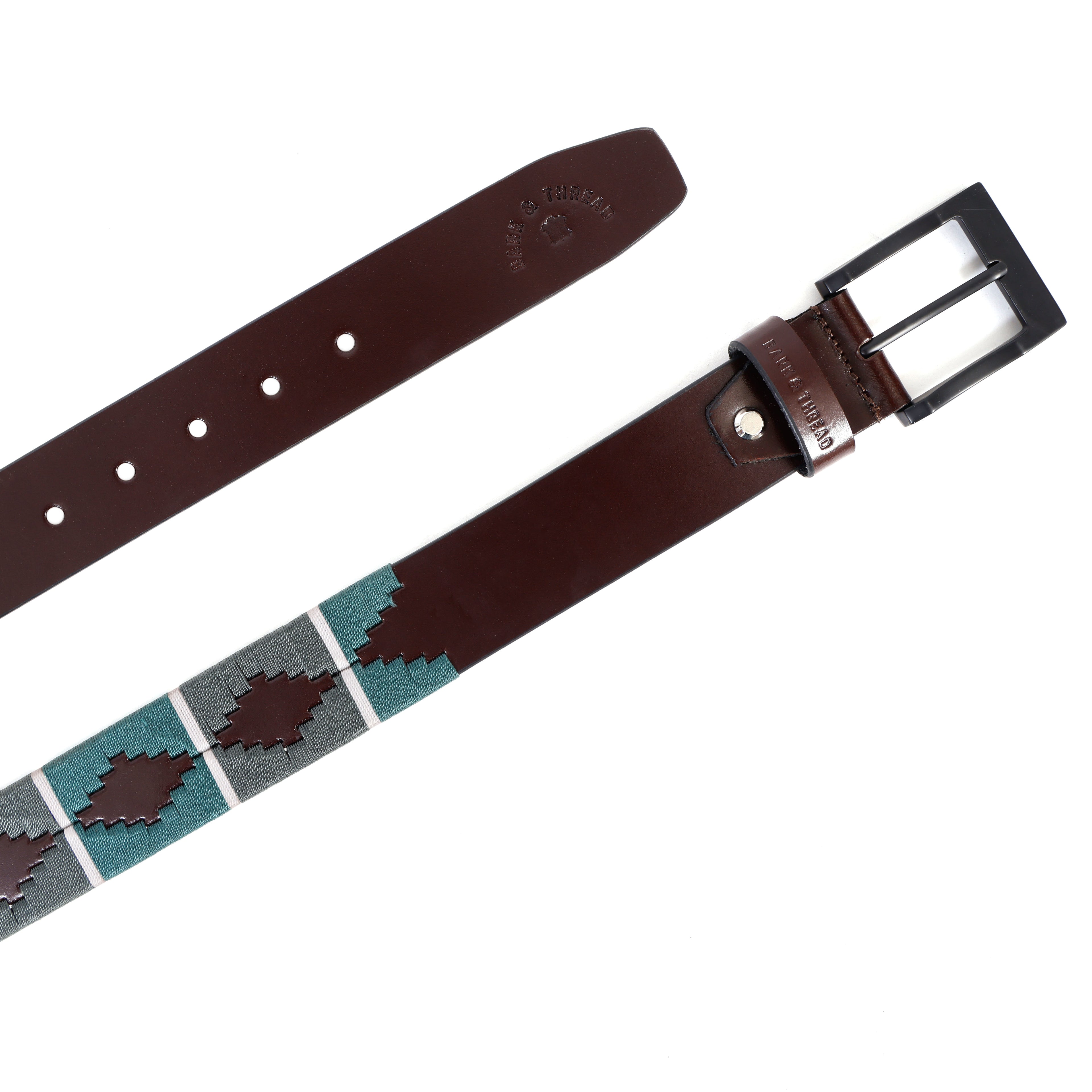 Premium Polo Leather Belt with Light & Dark Green Stitching – Brown Strap & Black Buckle
