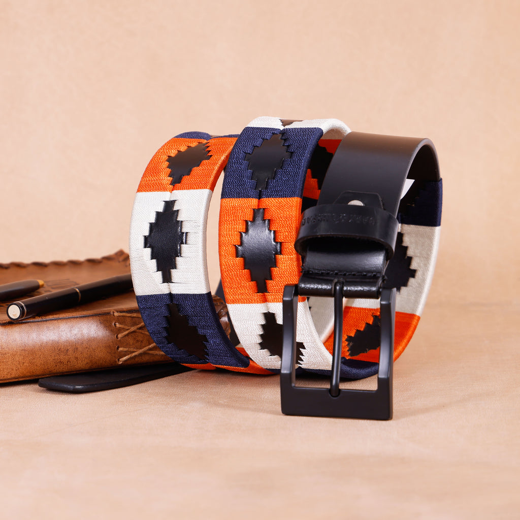 Premium Polo Leather Belt with Blue, Orange & White Stitching – Black Strap & Black Buckle