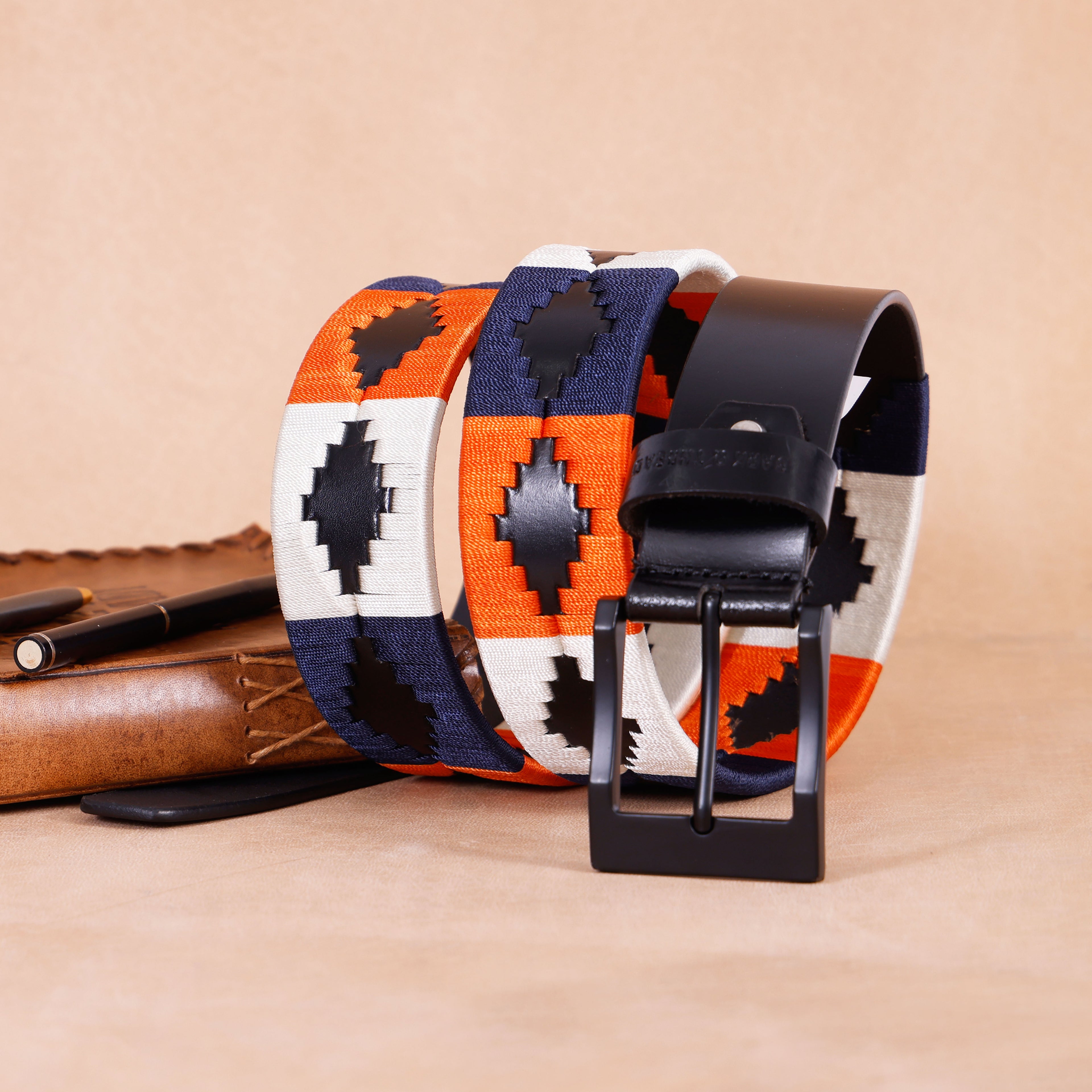 Premium Polo Leather Belt with Blue, Orange & White Stitching – Black Strap & Black Buckle