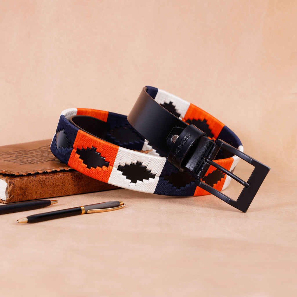 Premium Polo Leather Belt with Blue, Orange & White Stitching – Black Strap & Black Buckle