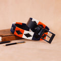 Premium Polo Leather Belt with Blue, Orange & White Stitching – Black Strap & Black Buckle