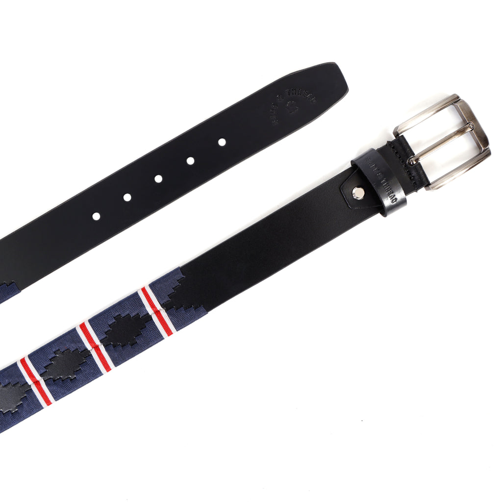 Luxury Polo Leather Belt with Multicolour Stitching – Black Strap & Silver Buckle