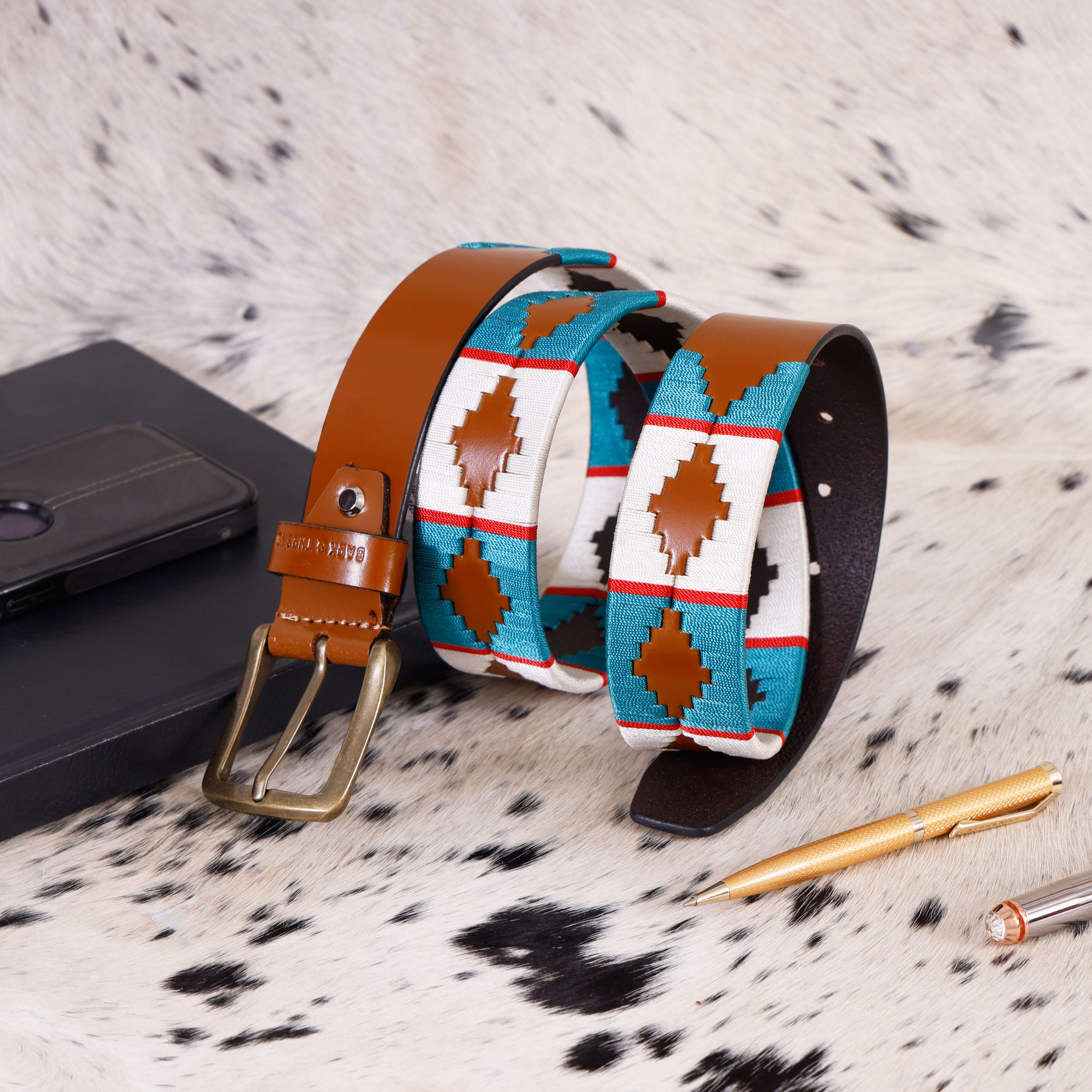 Premium Polo Leather Belt with Light Blue & White Stitching – Tan Strap & Gold Buckle