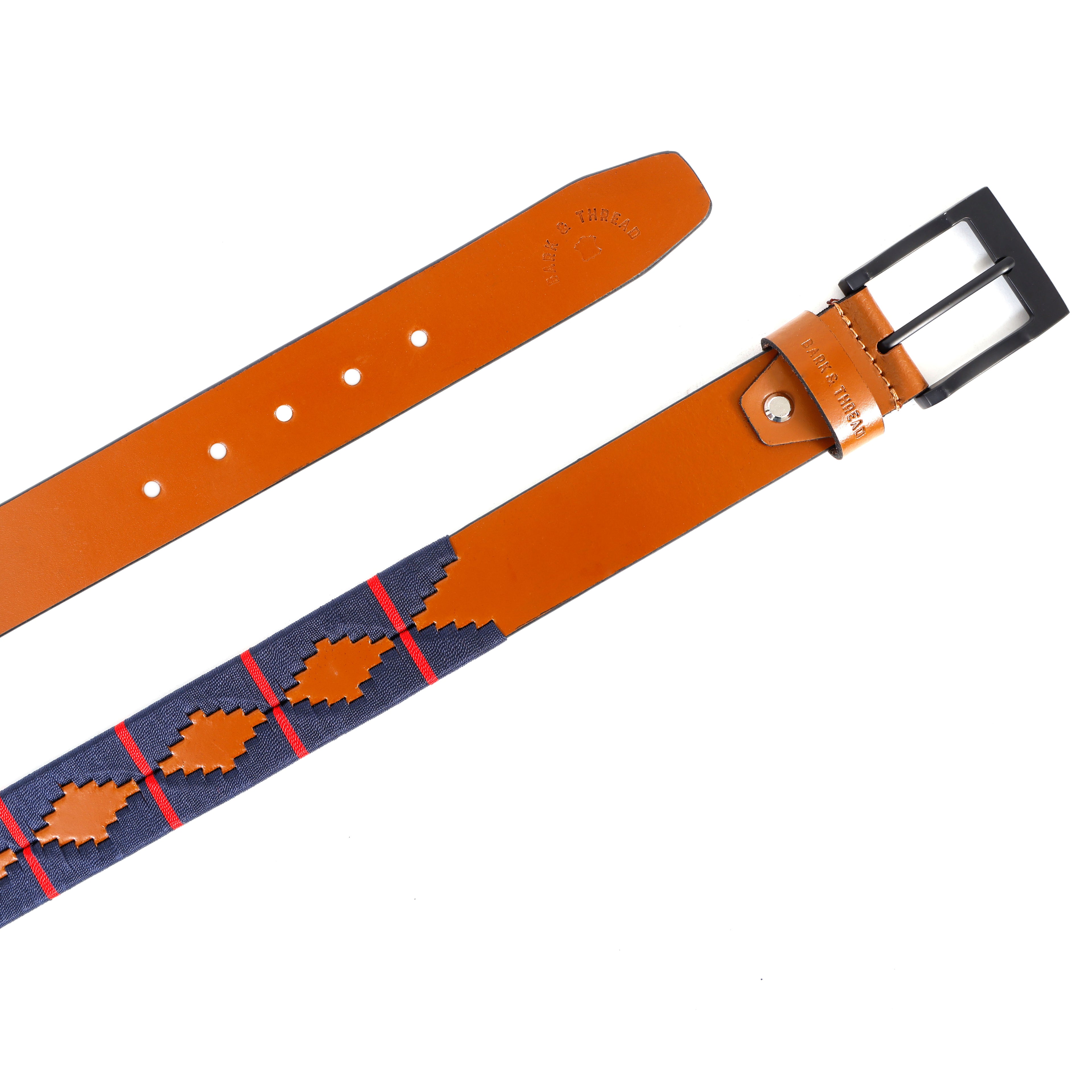 Premium Polo Leather Belt with Dark Blue Stitching – Tan Strap & Black Buckle