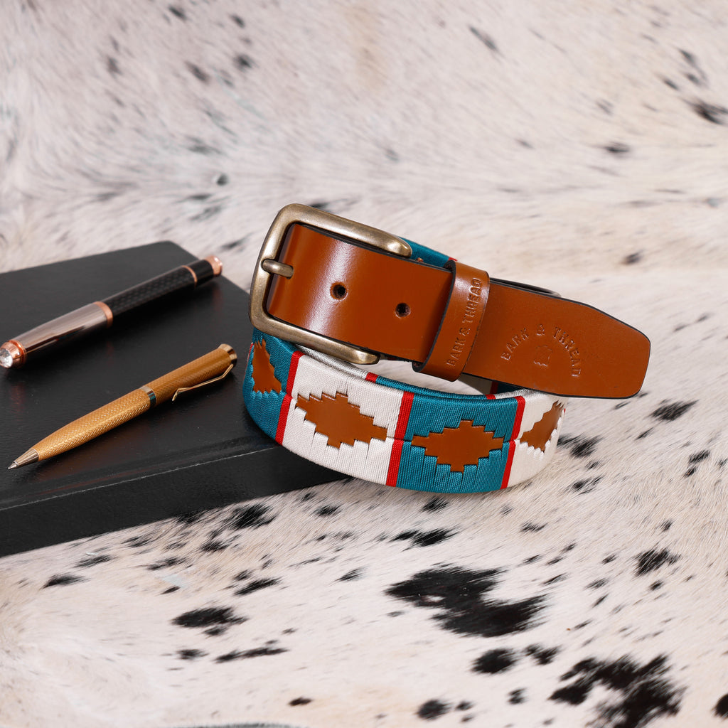 Premium Polo Leather Belt with Light Blue & White Stitching – Tan Strap & Gold Buckle