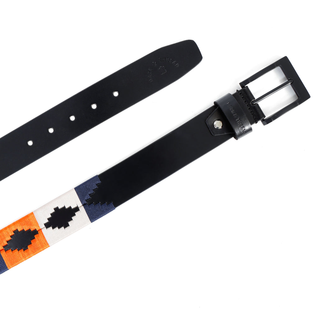 Premium Polo Leather Belt with Blue, Orange & White Stitching – Black Strap & Black Buckle