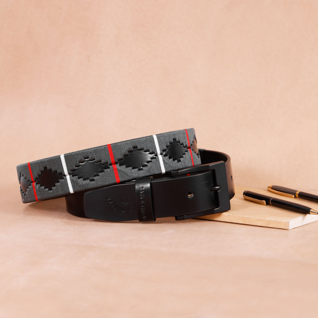 Black Polo Leather Belt with Black Buckle & Grey Stitching