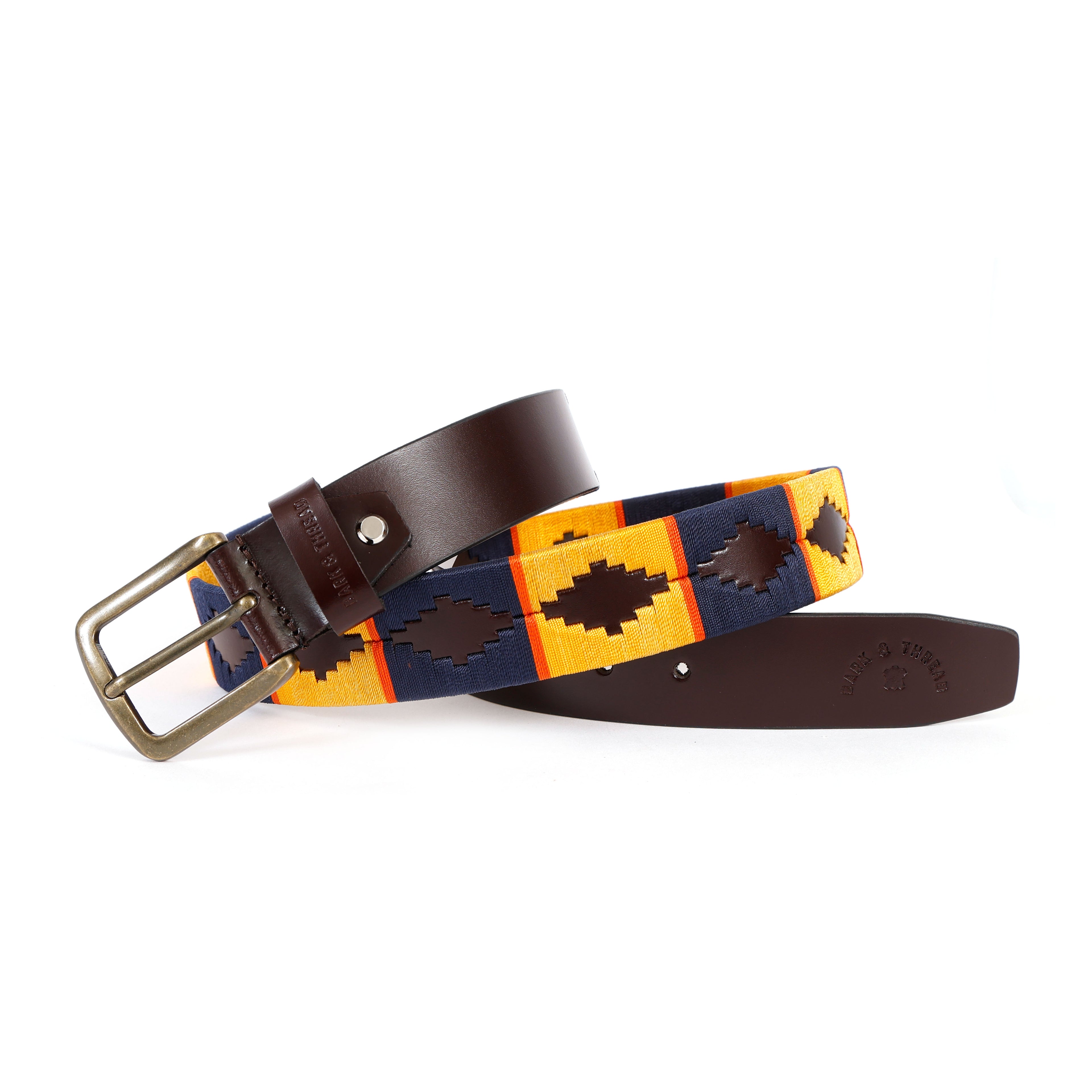 Premium Polo Leather Belt with Multicolour Stitching – Brown Strap & Gold Buckle