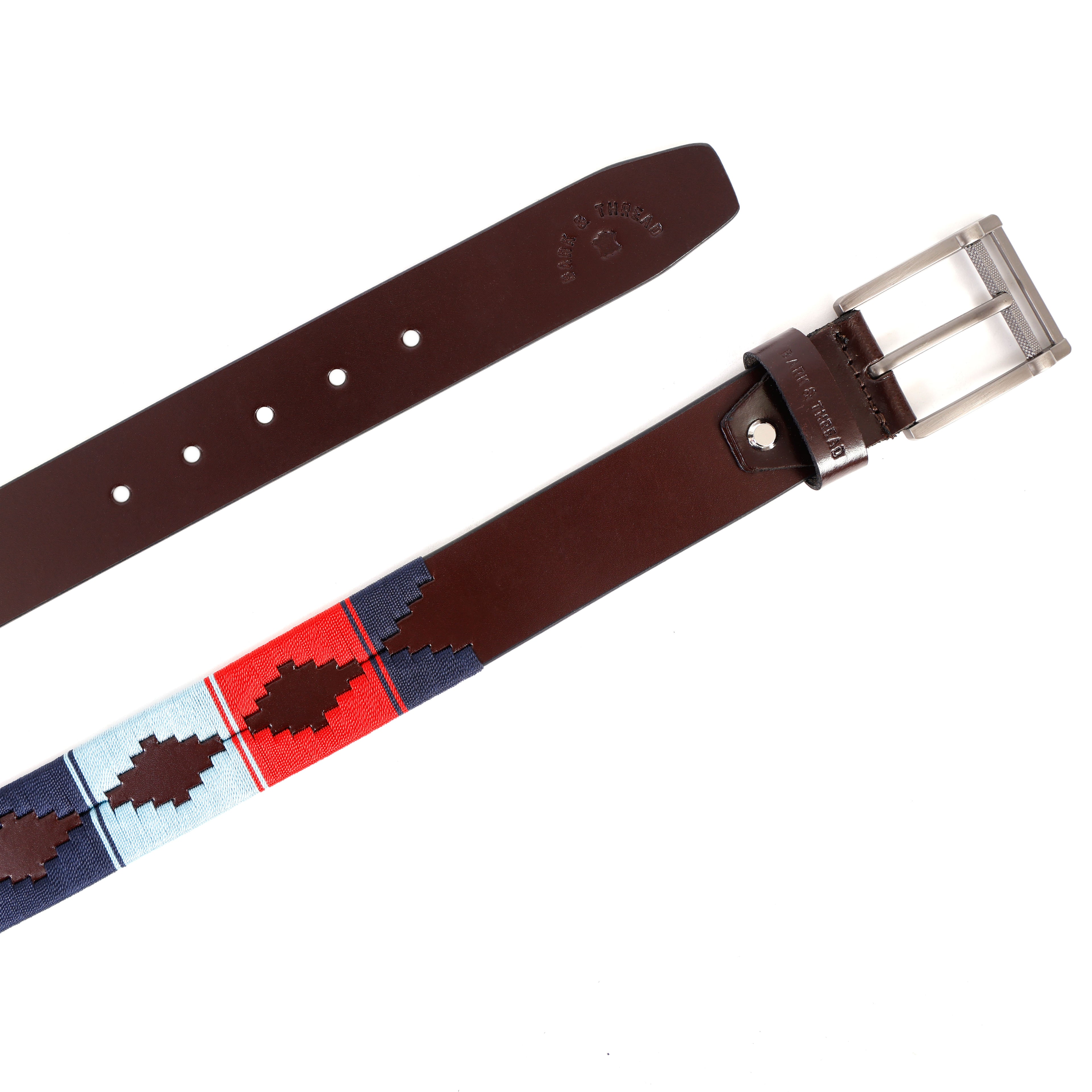 Brown Polo Leather Belt with Multicolor Stitching & Silver Buckle