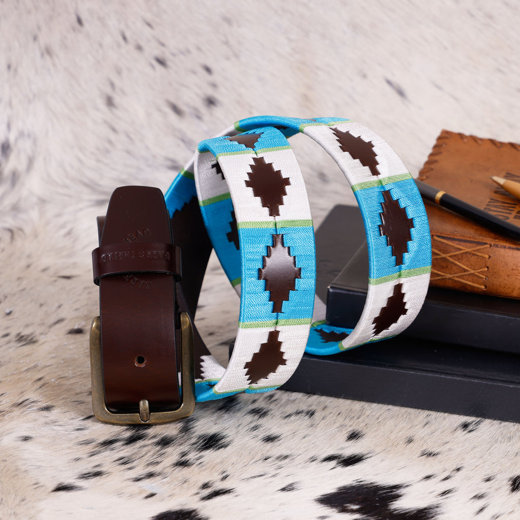 Premium Polo Leather Belt with White & Light Blue Stitching – Brown Strap & Gold Buckle