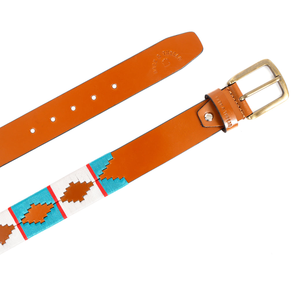 Premium Polo Leather Belt with Light Blue & White Stitching – Tan Strap & Gold Buckle