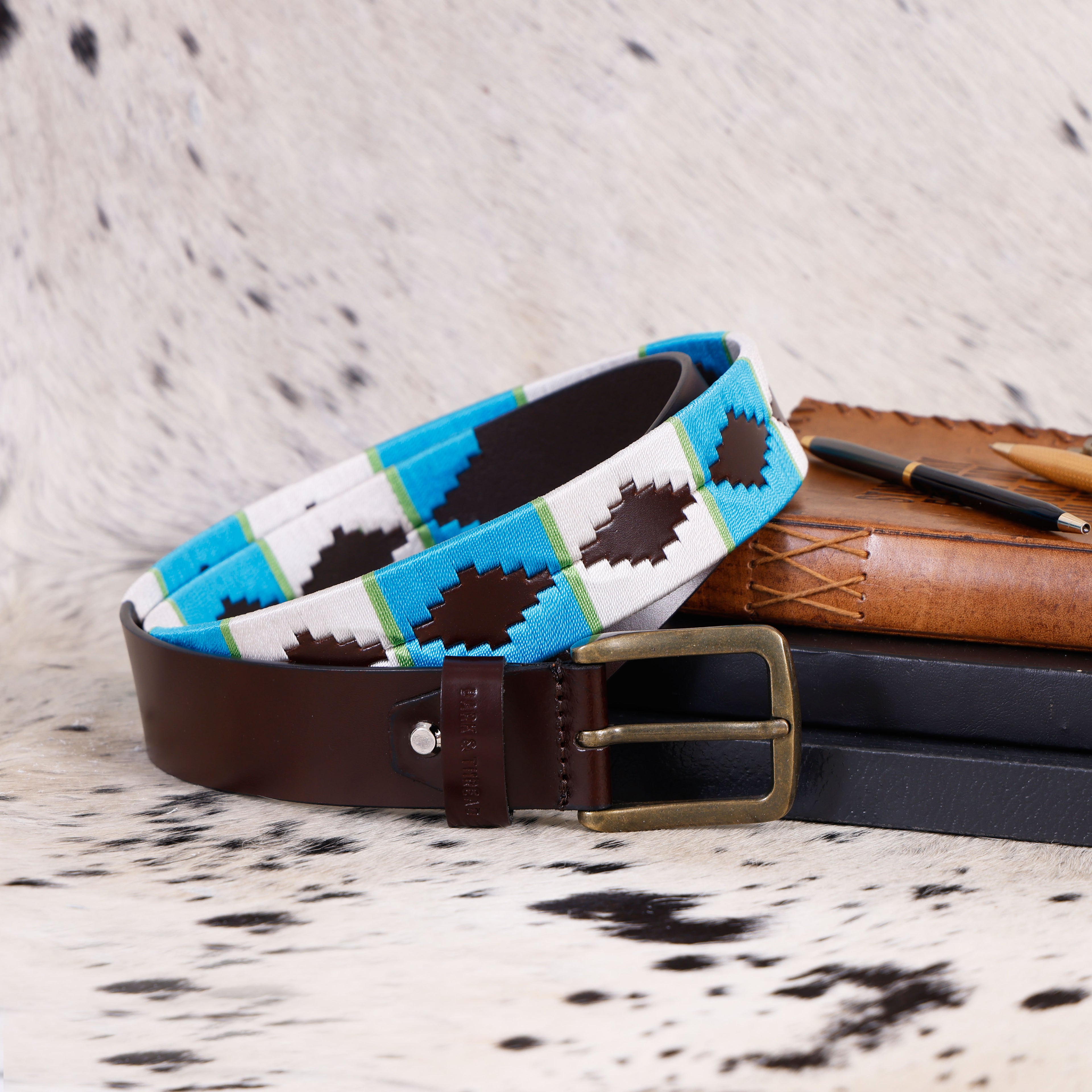 Premium Polo Leather Belt with White & Light Blue Stitching – Brown Strap & Gold Buckle