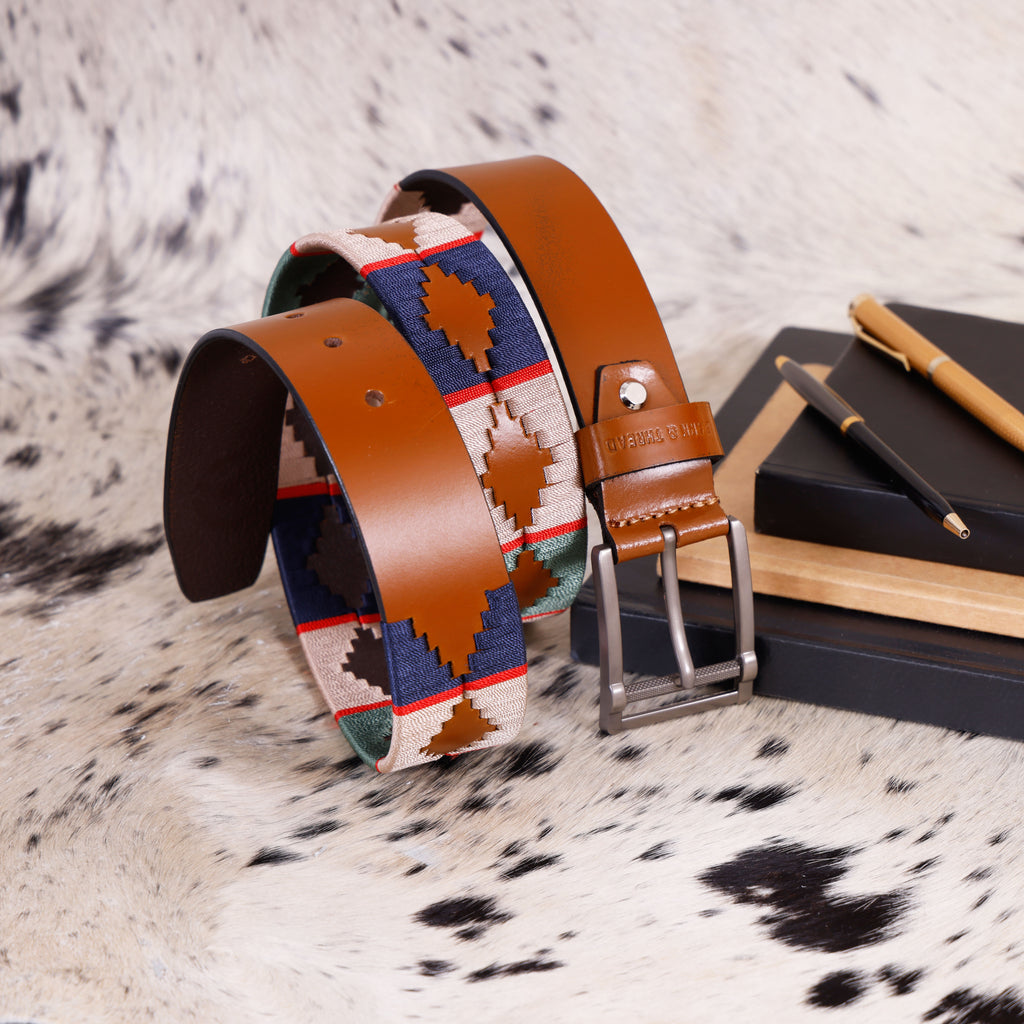 Tan Polo Leather Belt with Multi Stitching & Silver Buckle