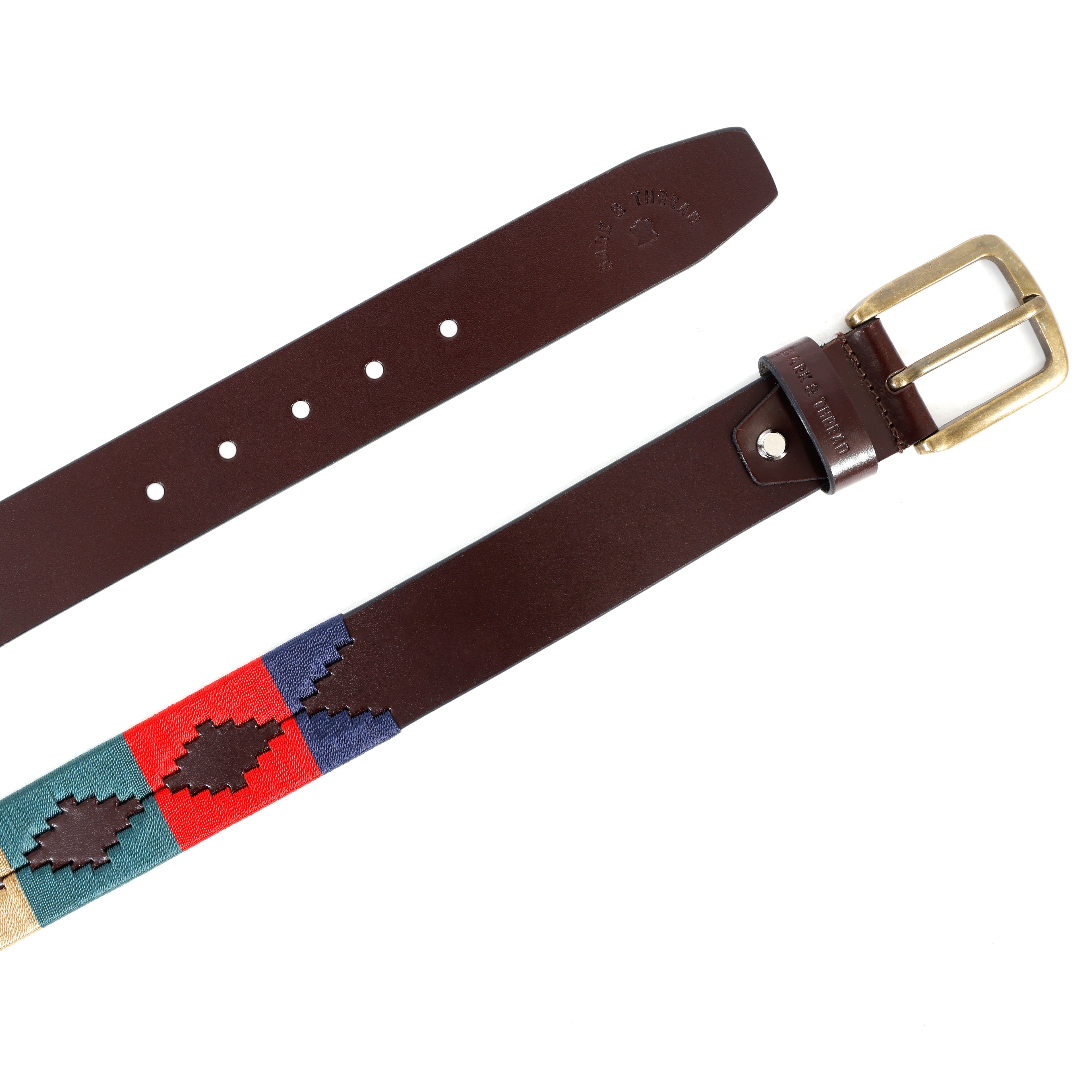 Brown Polo Leather Belt with Multicolor Stitching & Golden Buckle