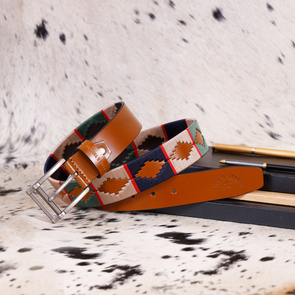 Tan Polo Leather Belt with Multi Stitching & Silver Buckle