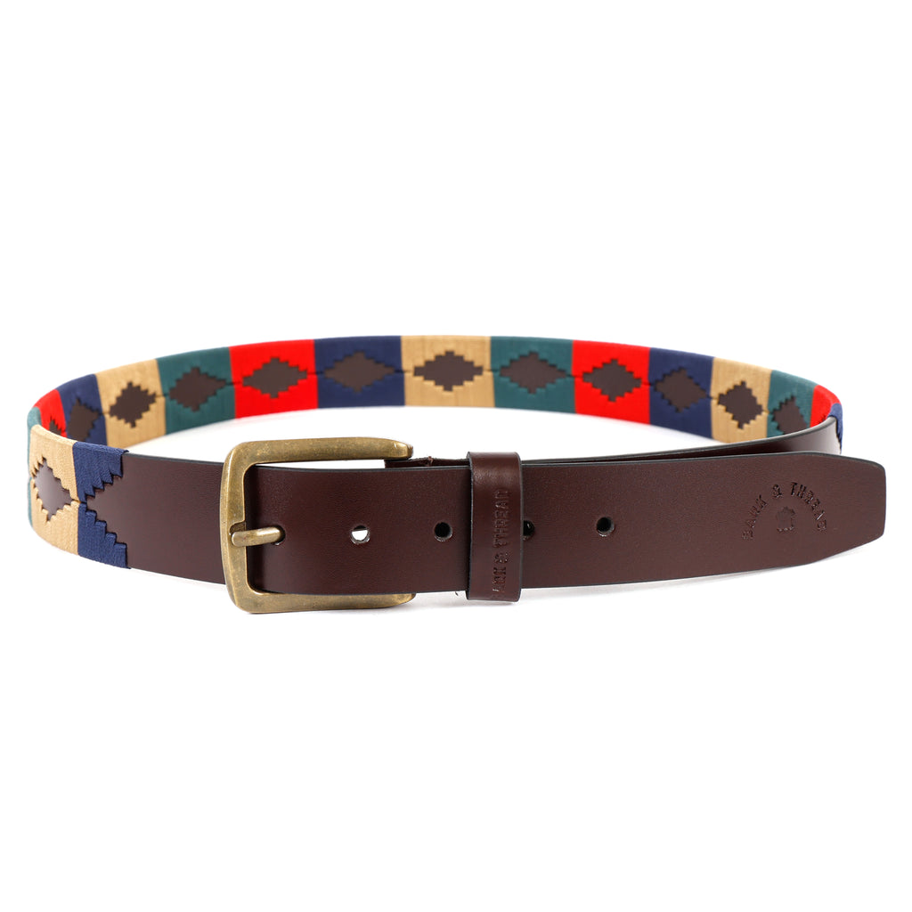 Brown Polo Leather Belt with Multicolor Stitching & Golden Buckle