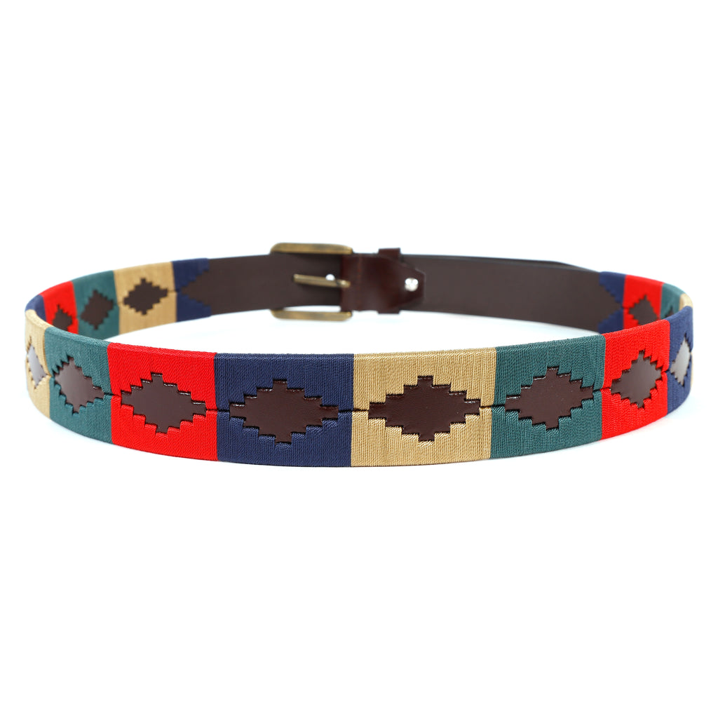 Brown Polo Leather Belt with Multicolor Stitching & Golden Buckle