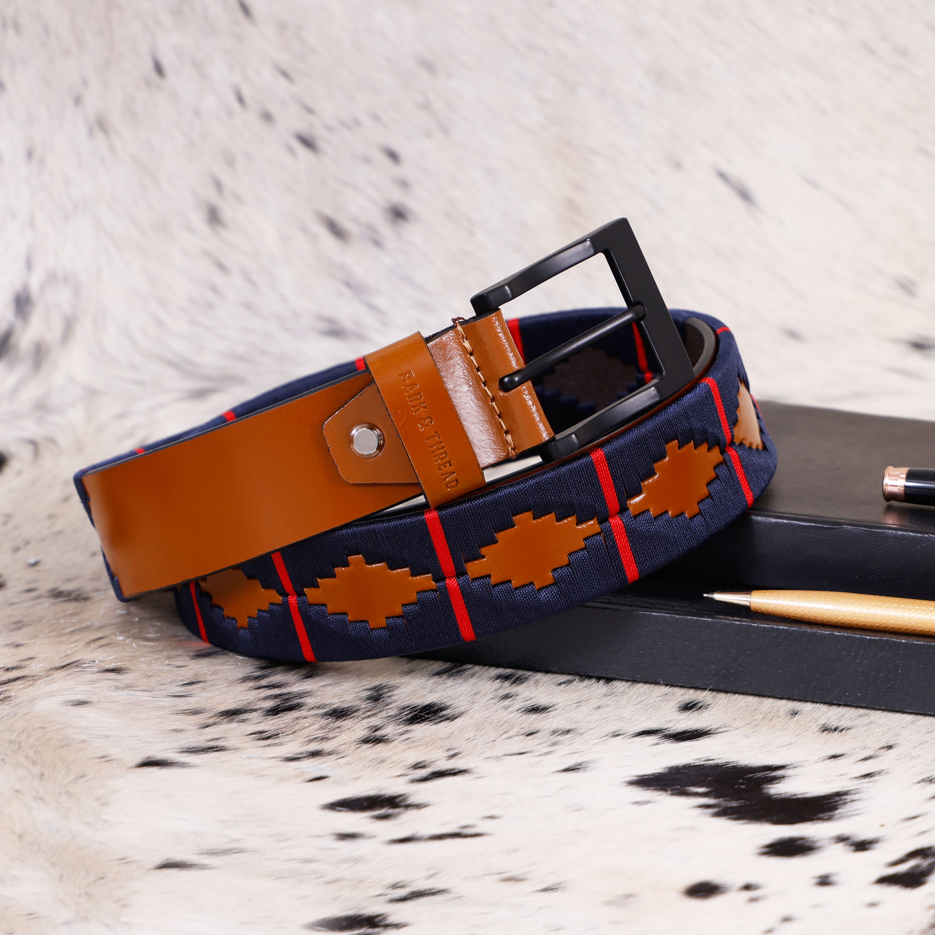 Premium Polo Leather Belt with Dark Blue Stitching – Tan Strap & Black Buckle