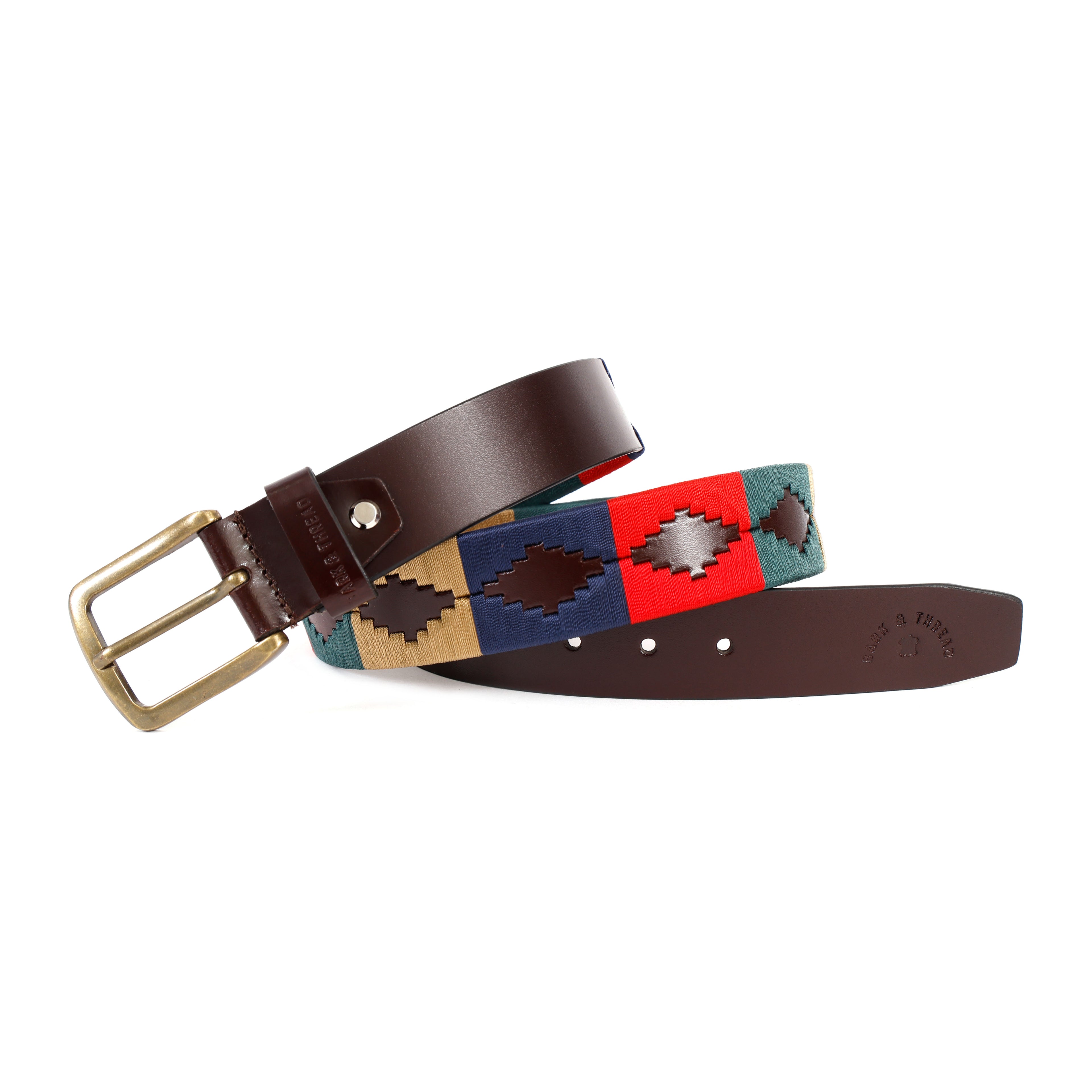 Brown Polo Leather Belt with Multicolor Stitching & Golden Buckle