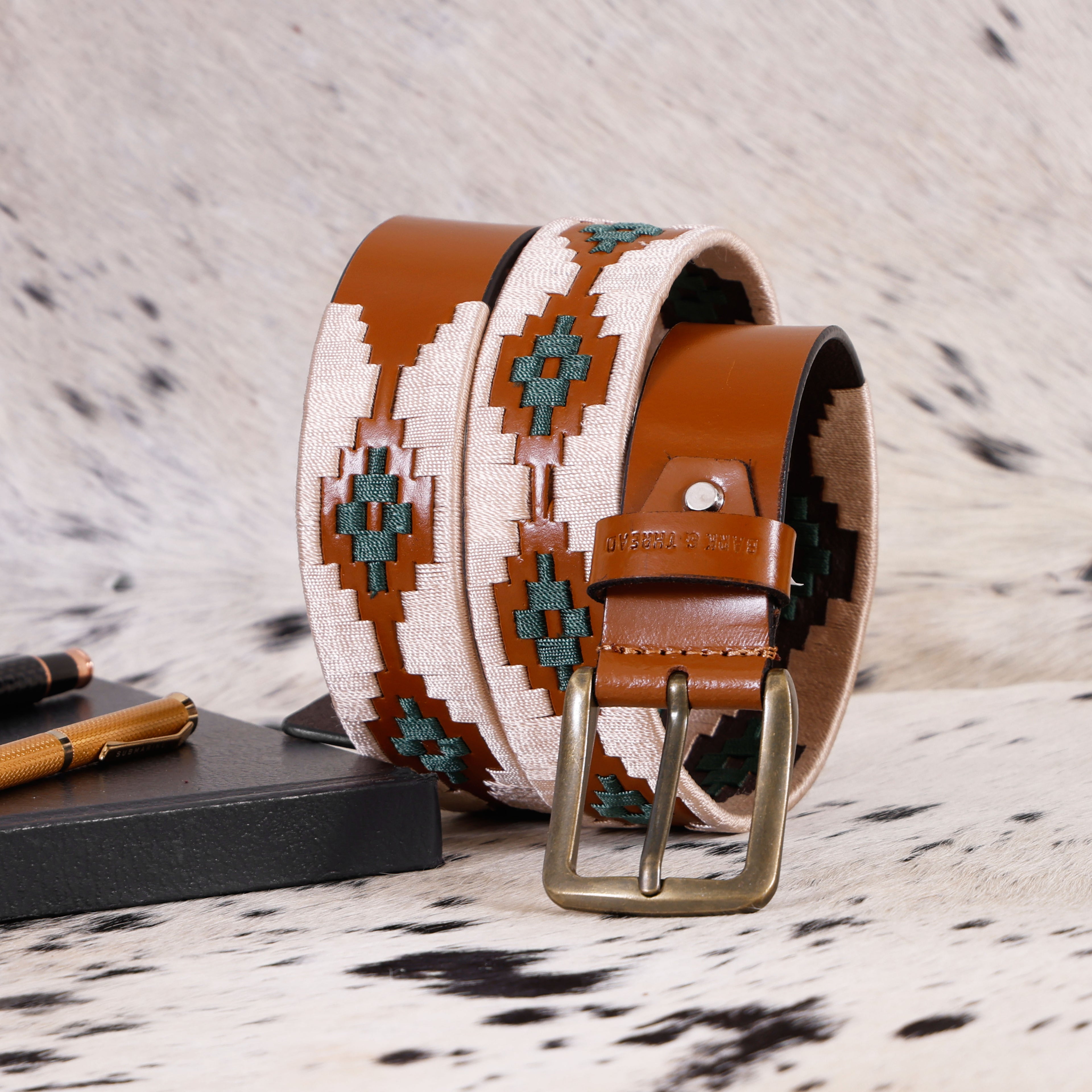 Premium Polo Leather Belt with Cream & Green Stitching – Tan Strap & Golden Buckle