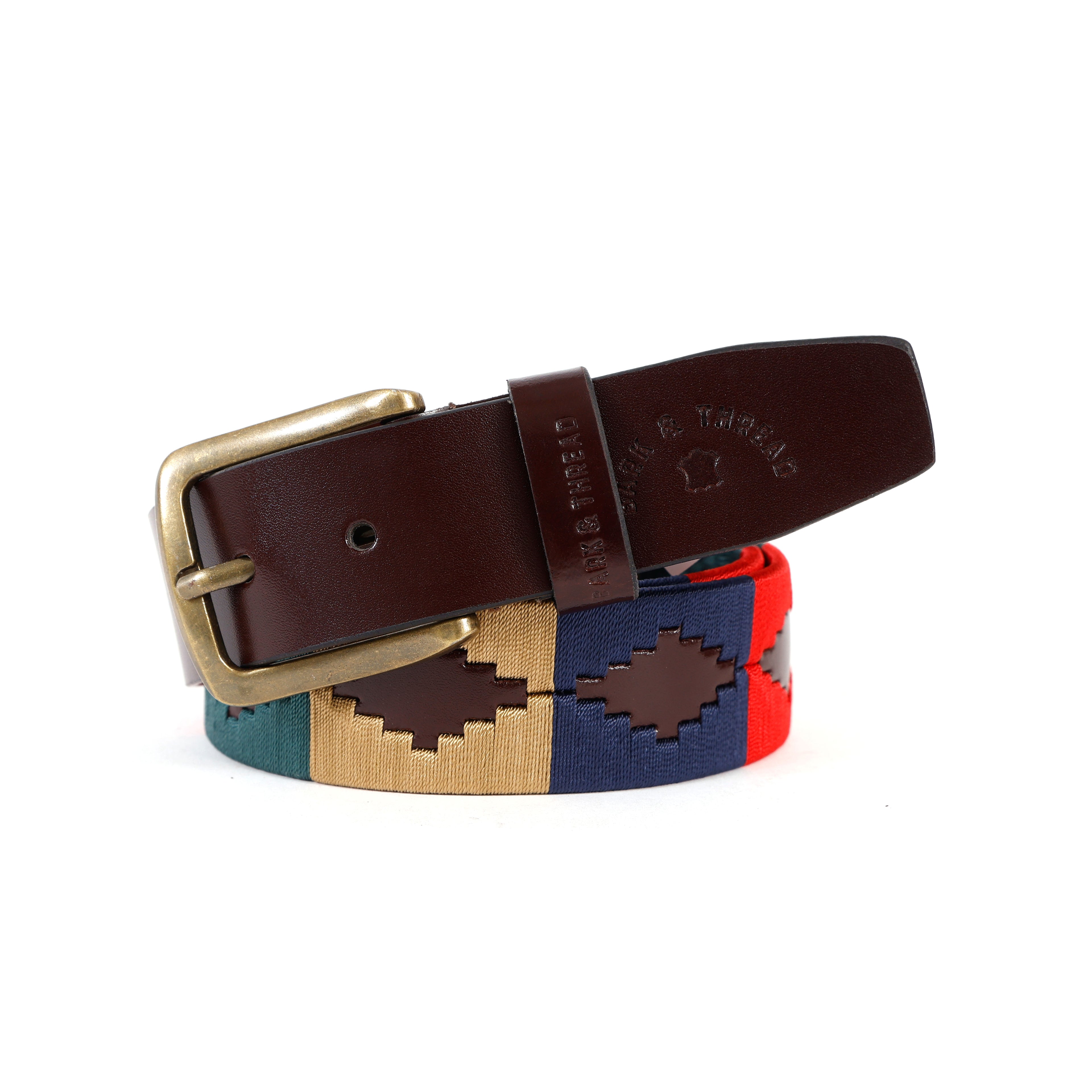 Brown Polo Leather Belt with Multicolor Stitching & Golden Buckle