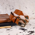 Premium Polo Leather Belt with Cream & Green Stitching – Tan Strap & Golden Buckle
