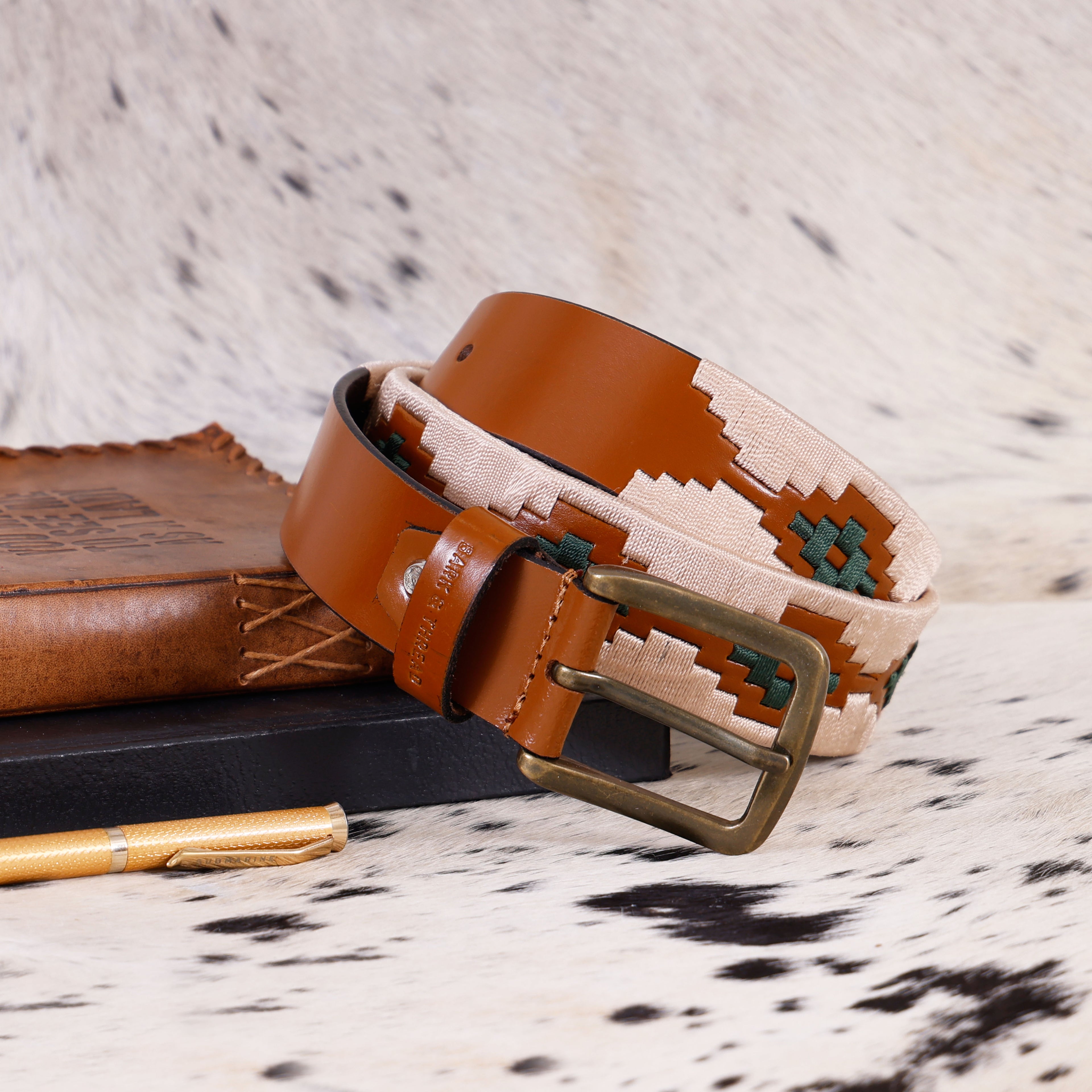 Premium Polo Leather Belt with Cream & Green Stitching – Tan Strap & Golden Buckle