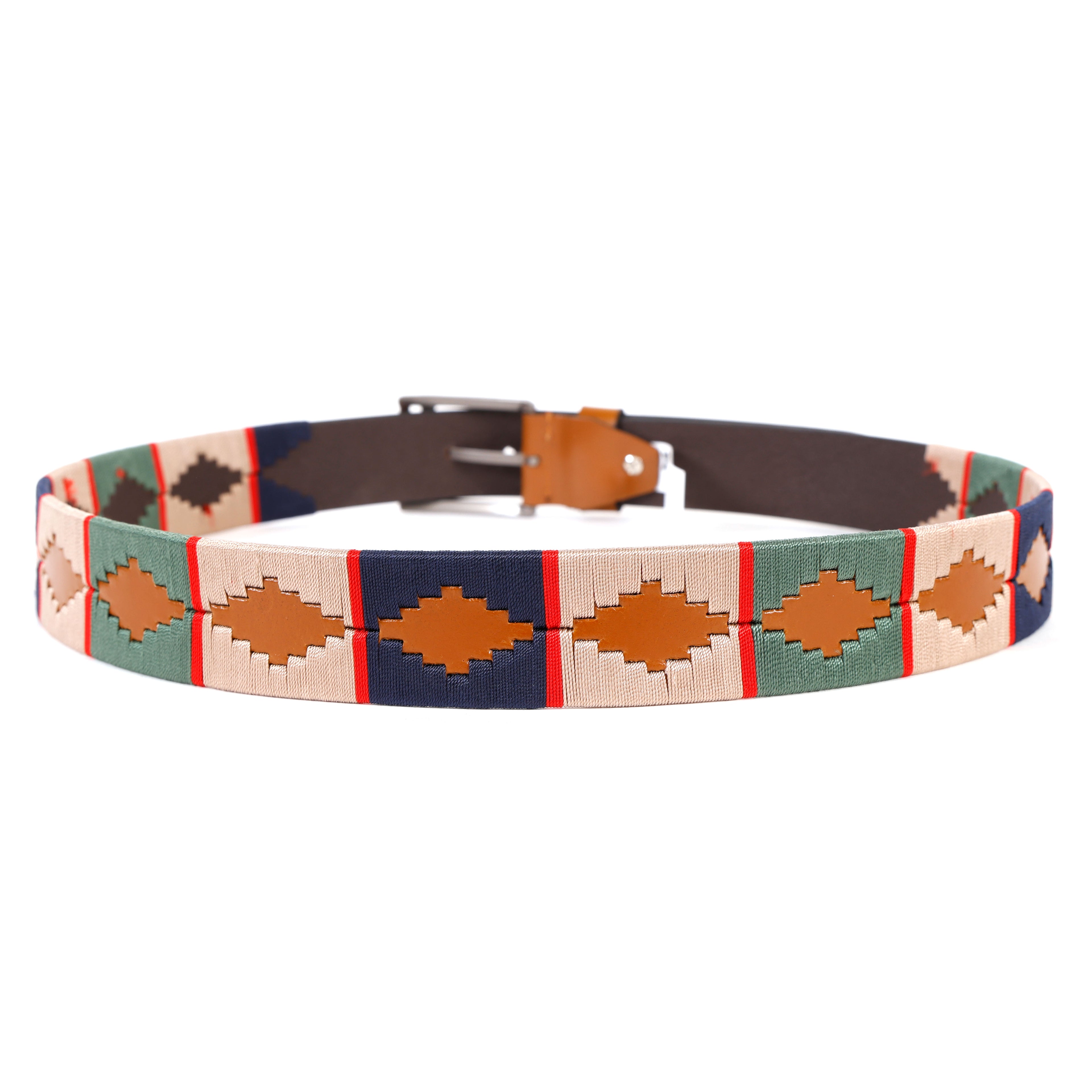 Tan Polo Leather Belt with Multi Stitching & Silver Buckle